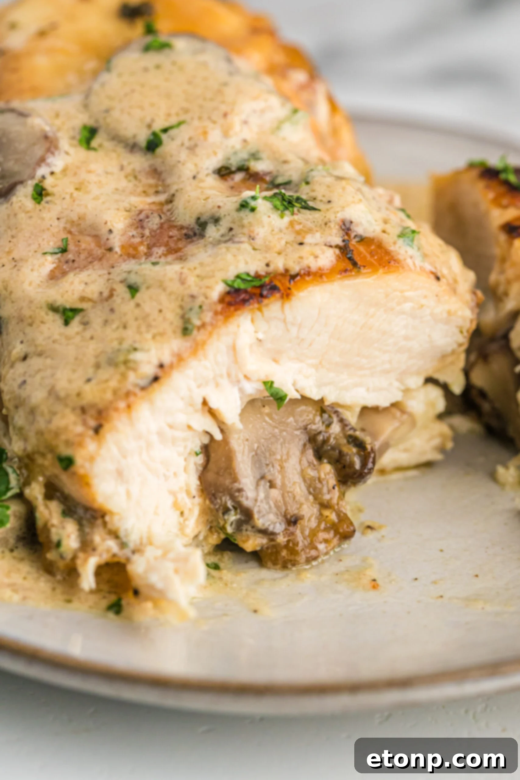 A close up piece of chicken cut in half showing the stuffing on the inside. 