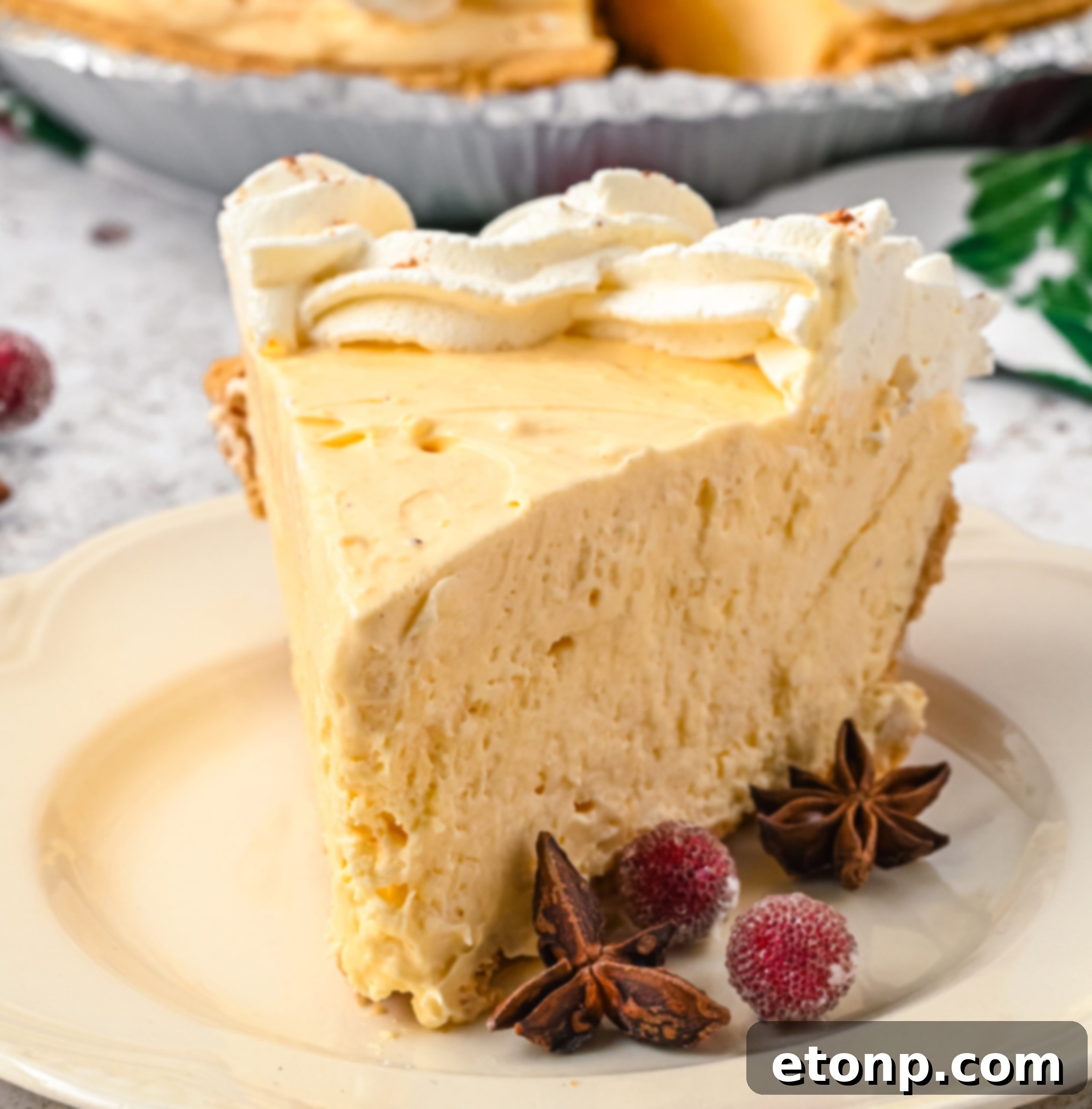 Velvety Eggnog Pie 2 Close up of a slice of eggnog pie on a cream colored plate, showing its creamy texture and a sprinkle of nutmeg.