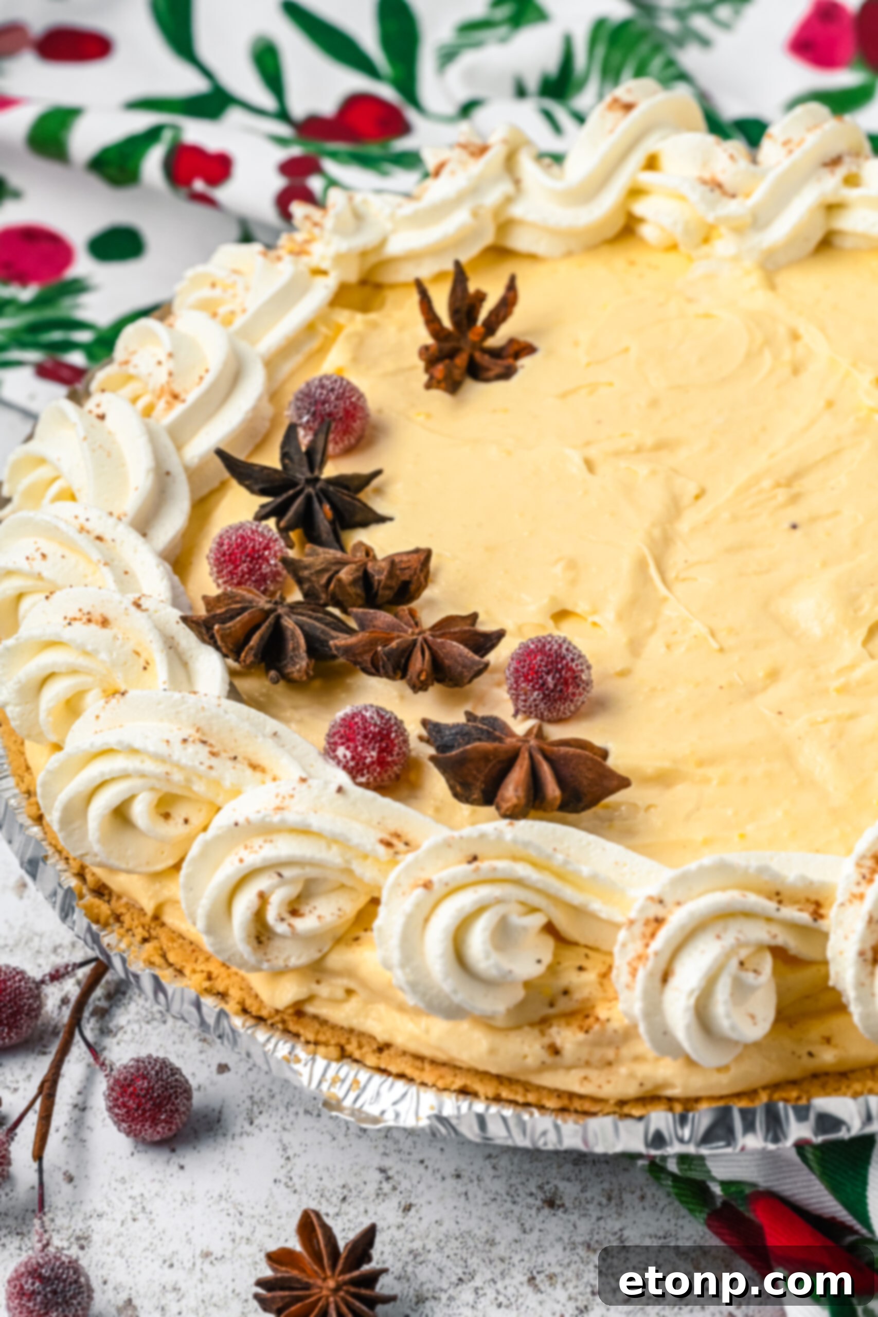 Velvety Eggnog Pie 3 45-degree angle view of the full decorated Eggnog Pie, elegantly topped with glistening sugared cranberries and aromatic star anise.