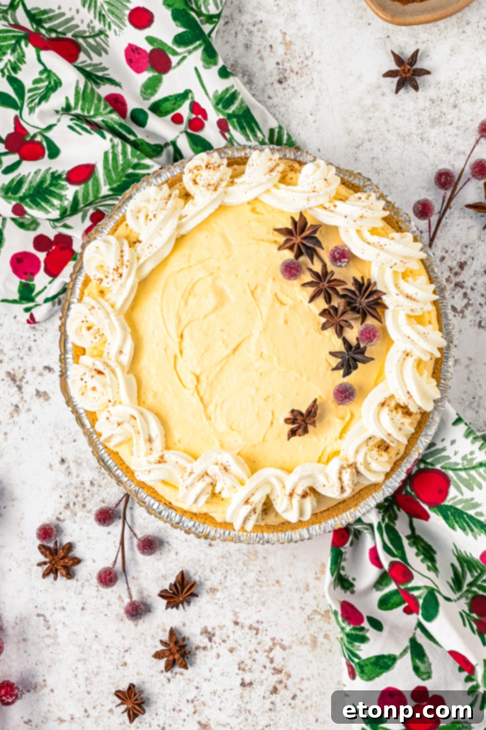 Velvety Eggnog Pie 6 Overhead view of the entire Eggnog Pie, beautifully decorated with a vibrant sprinkle of sugared cranberries and elegant star anise, ready for a festive table.