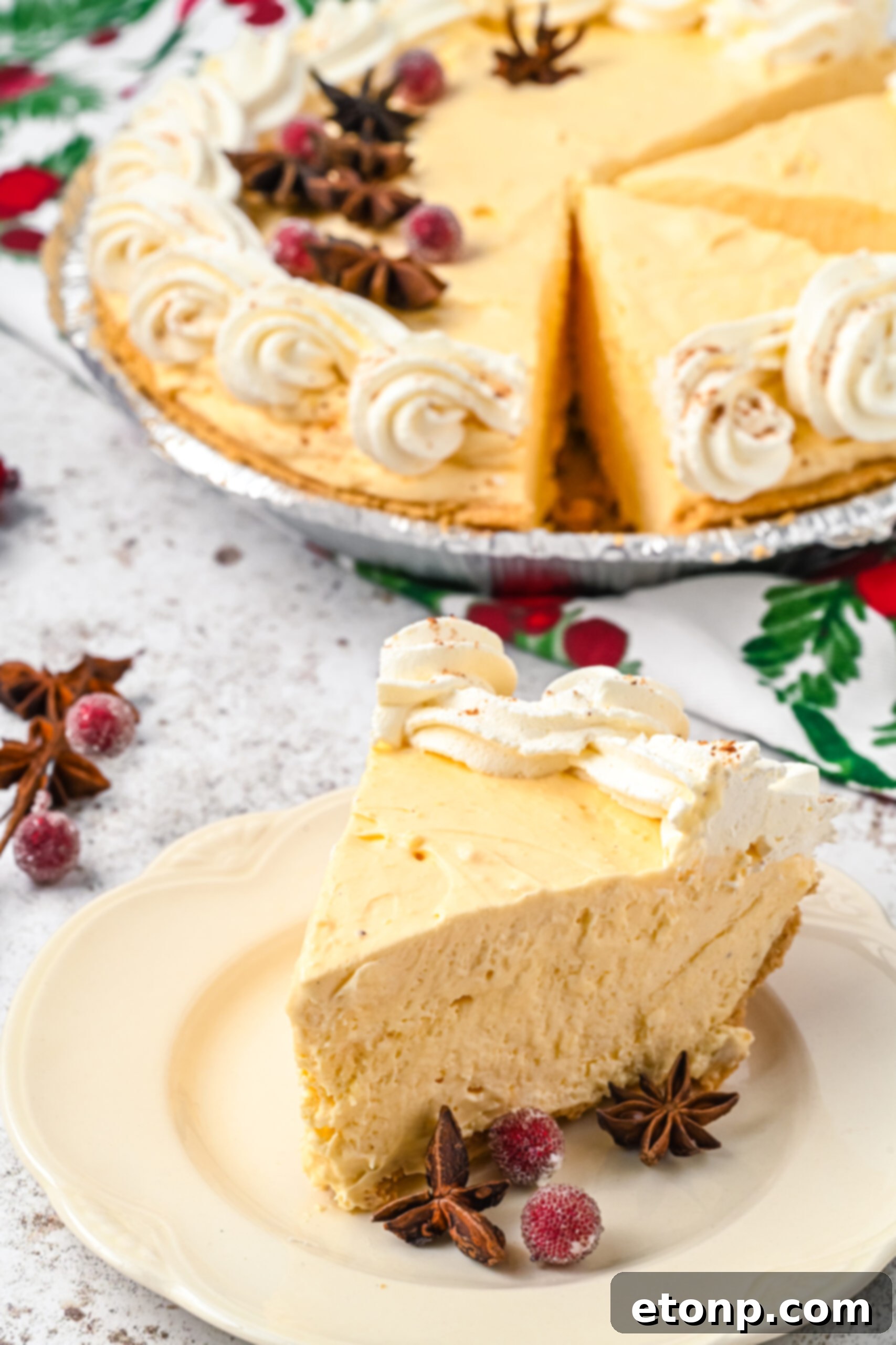 Velvety Eggnog Pie 7 A perfectly portioned slice of Eggnog Pie resting on a pristine white dish, with the full, beautifully decorated pie gently blurred in the background, creating an inviting scene.
