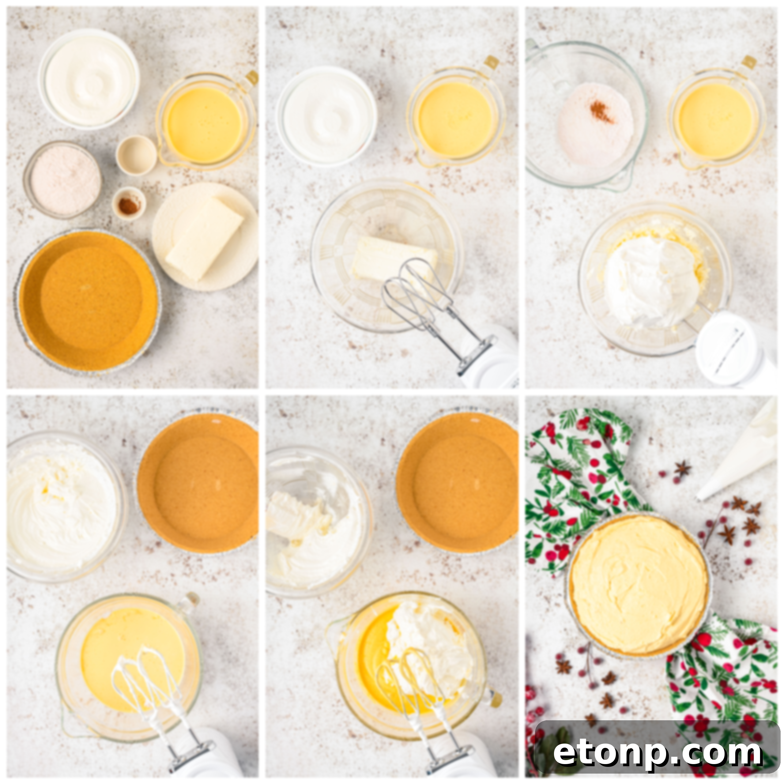 Velvety Eggnog Pie 9 Overhead view of a visual guide illustrating the step-by-step process of making Eggnog Pie, perfect for easy following.