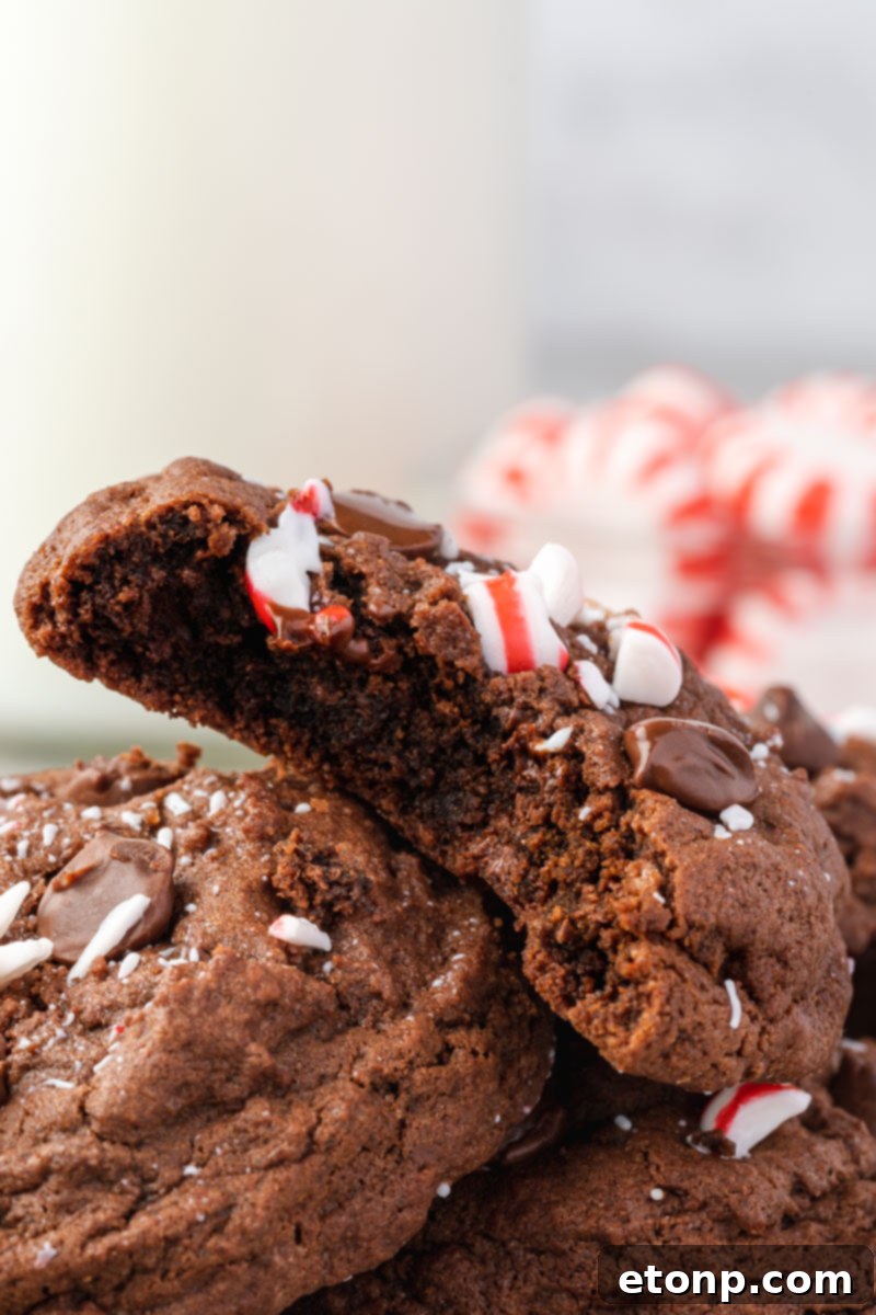 A Double Chocolate Peppermint Cookie sliced open, showcasing its wonderfully gooey chocolate interior and rich texture.