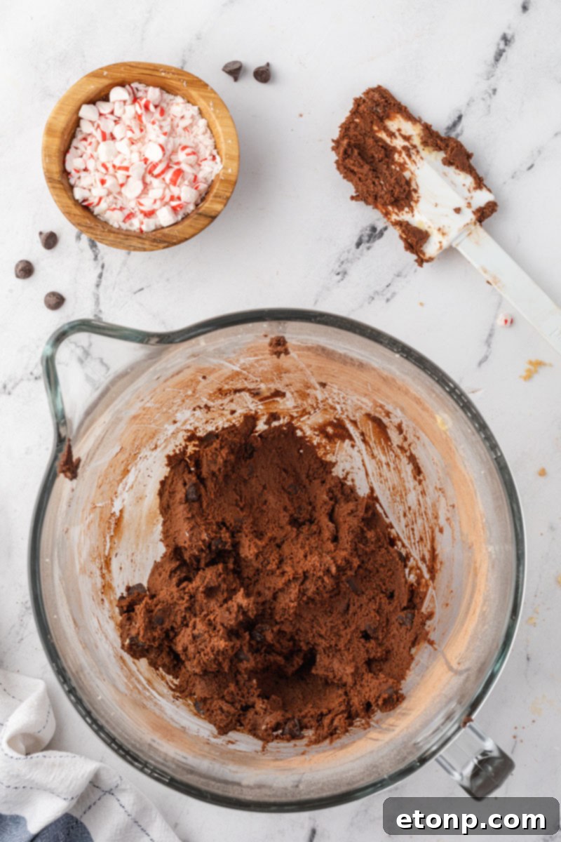 Overhead shot of the velvety chocolate cookie dough in a mixing bowl, ready for baking.