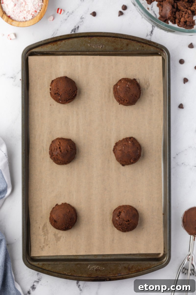 Uniform balls of chocolate peppermint cookie dough neatly arranged on a baking sheet before going into the oven.