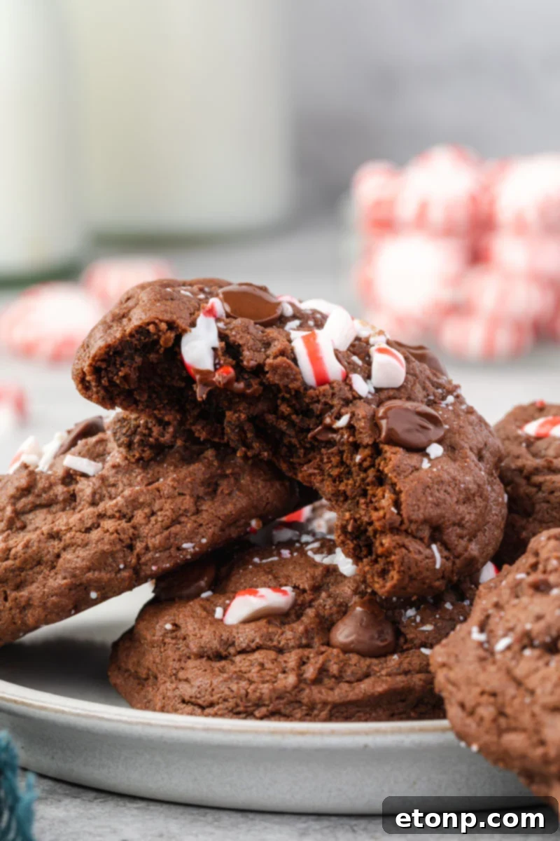 Three perfectly baked Chocolate Peppermint Cookies stacked on a white plate, with one cookie showing a bite taken out, revealing its soft, chewy interior.