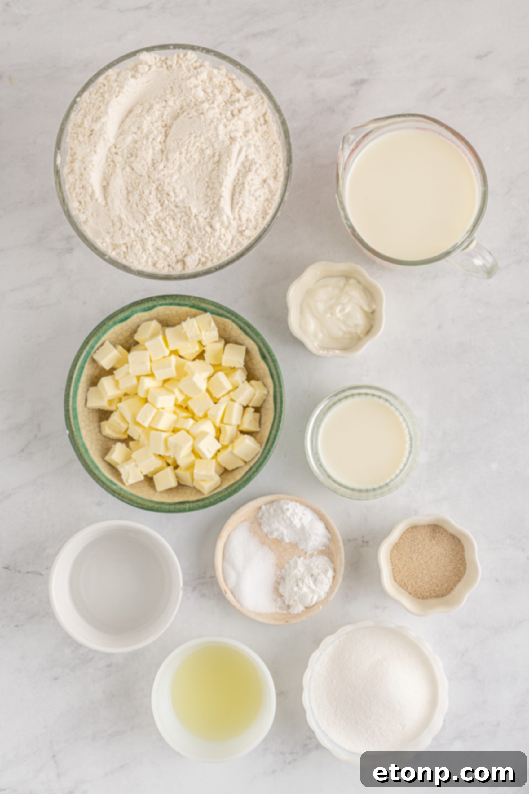 Overhead shot of the ingredients needed to make Angel Biscuits. 