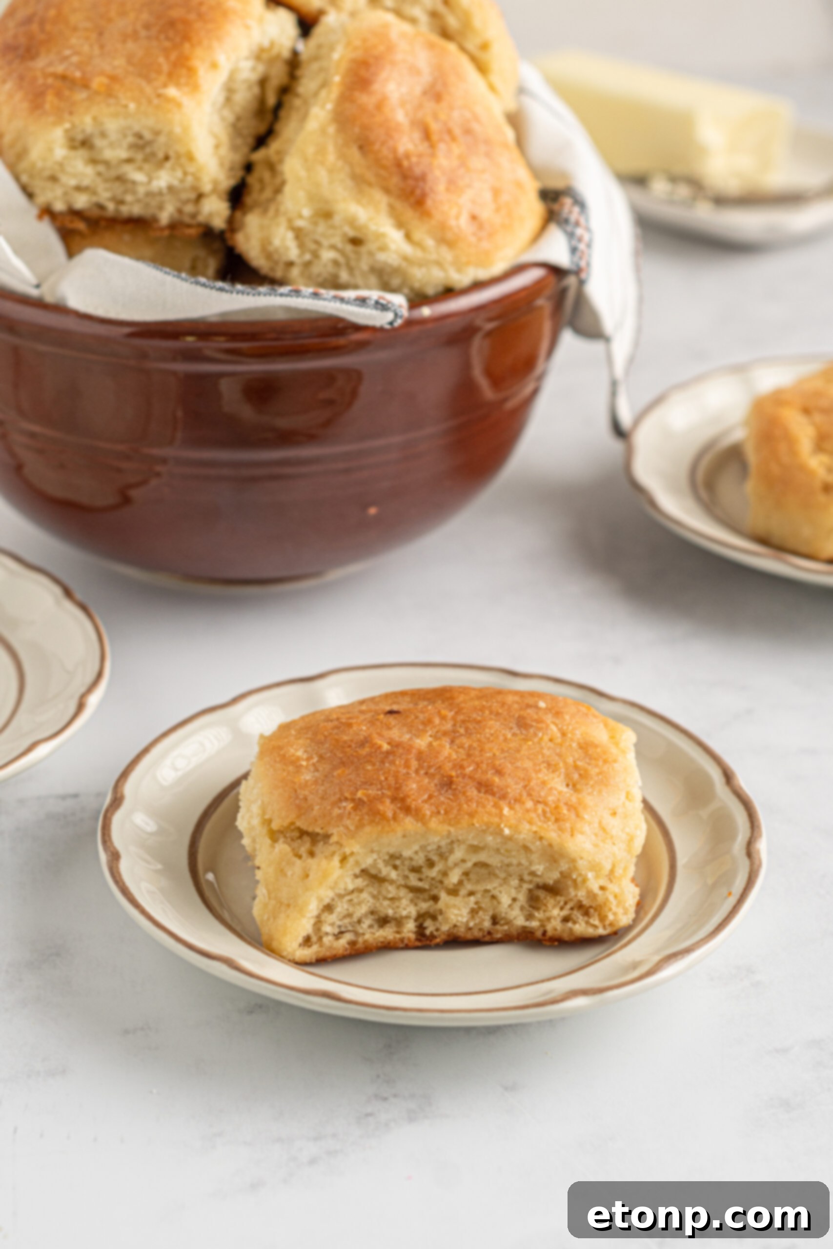 A biscuit on a tan and brown plate with a bowl of biscuits in the background. 