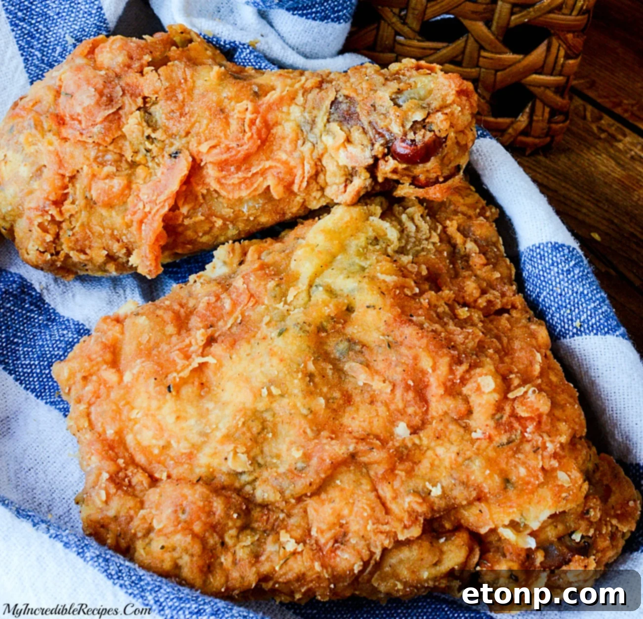 Deliciously crispy Southern fried chicken pieces in a basket, golden brown and ready to eat, homemade KFC copycat.