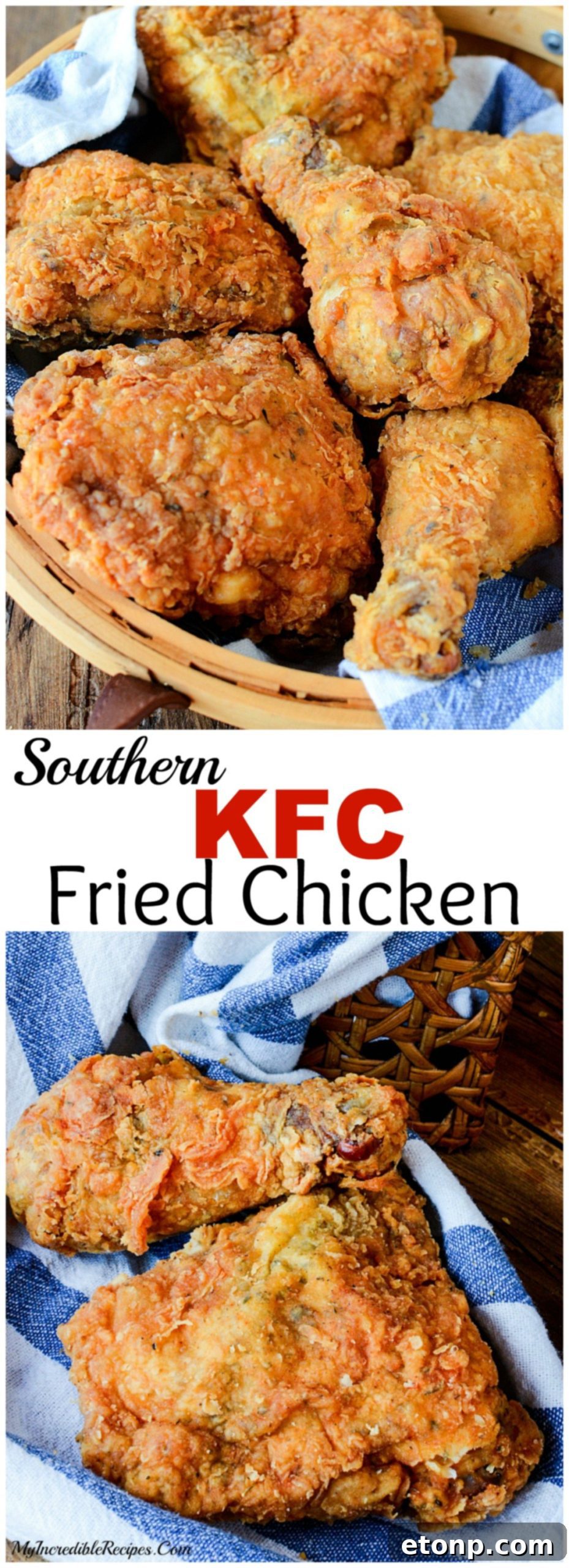 Pinterest graphic encouraging users to follow for more recipes, featuring fried chicken images.