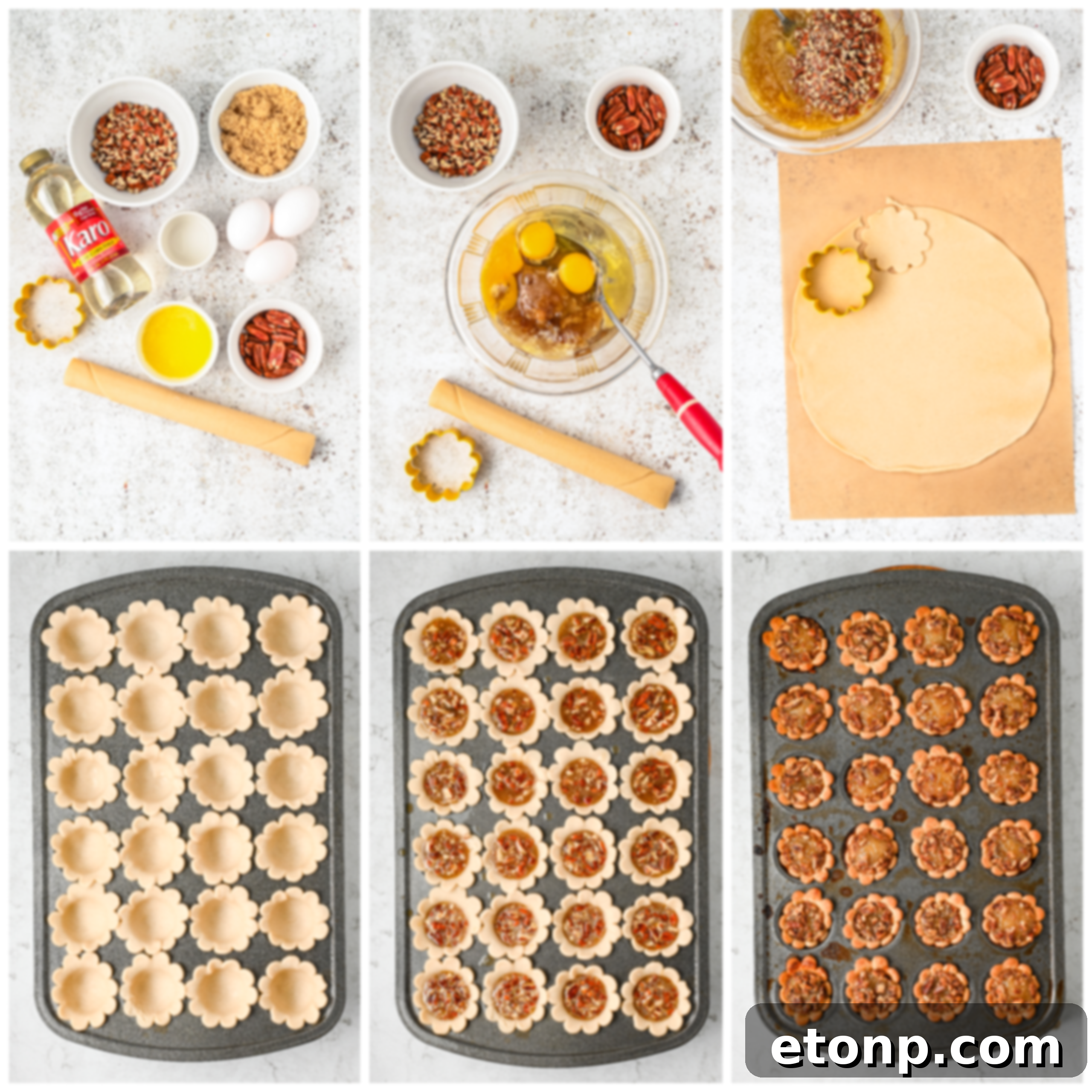 A vibrant and artistic display of ingredients, possibly a digital graphic, hinting at the delightful journey of making mini pecan pies.