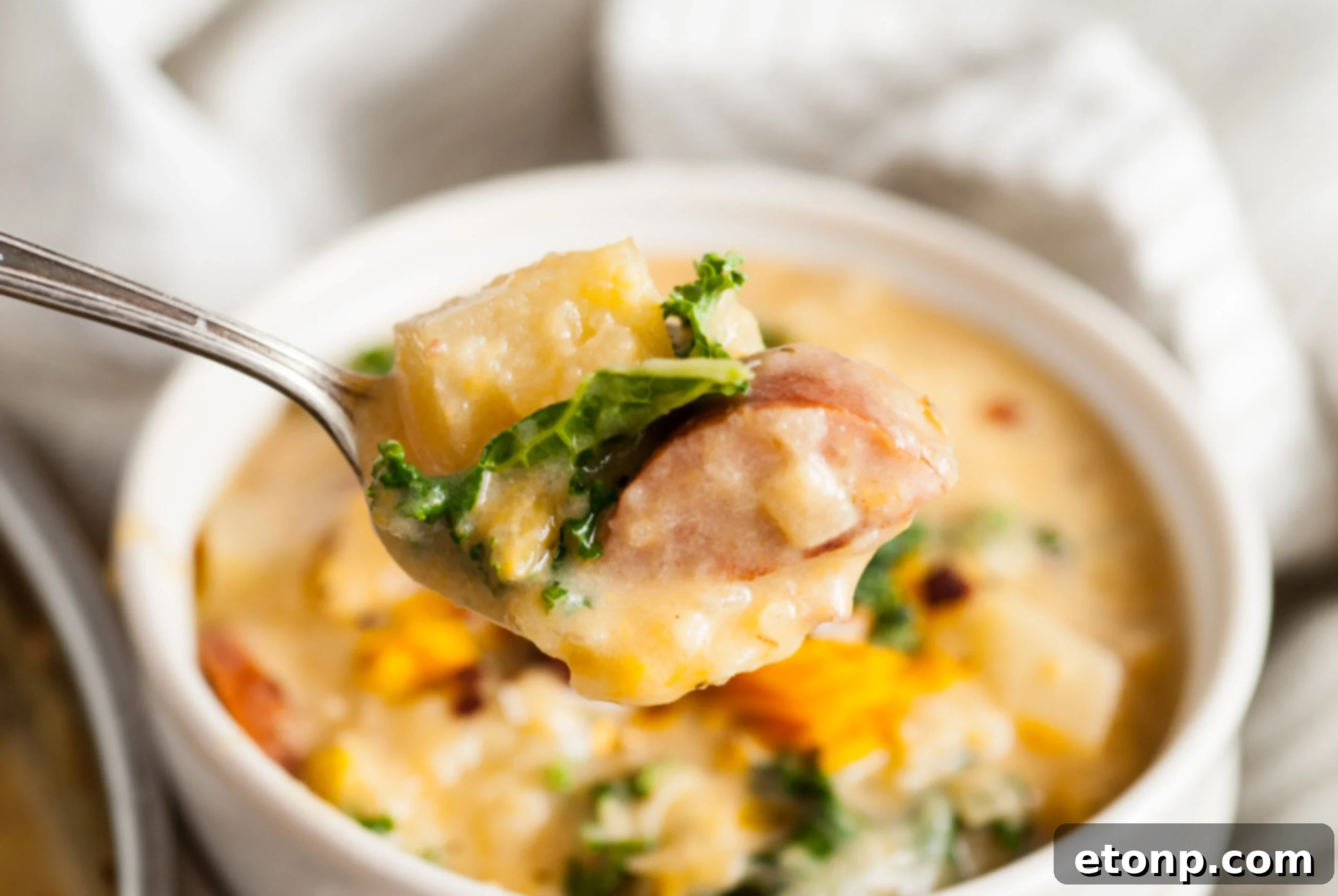A spoon full of Kielbasa Potato Soup, showing chunks of potato, kielbasa, and melted cheese in the creamy broth.