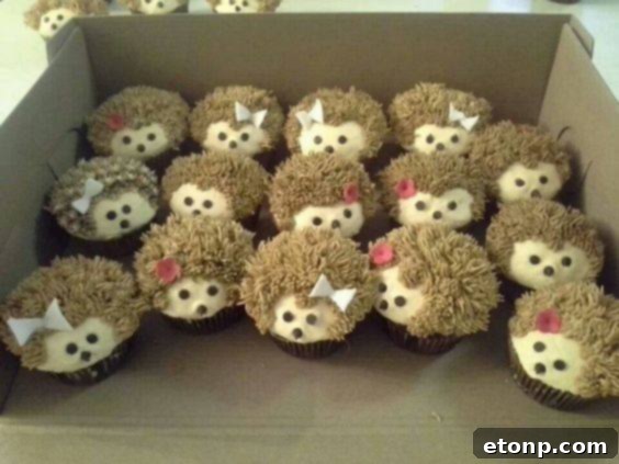 Adorable hedgehog-themed cupcakes with chocolate frosting spikes and candy eyes, perfect for woodland parties.