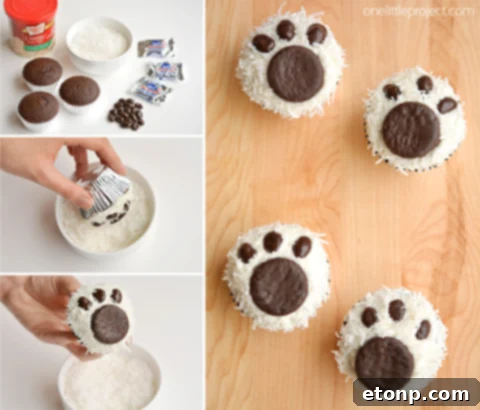 Sweet paw print cupcakes featuring chocolate frosting and pink candy for paw pads, a delightful treat for pet lovers.