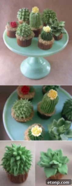 Unique house plant cactus cupcakes decorated with green frosting, sprinkles, and edible flowers, an innovative dessert.