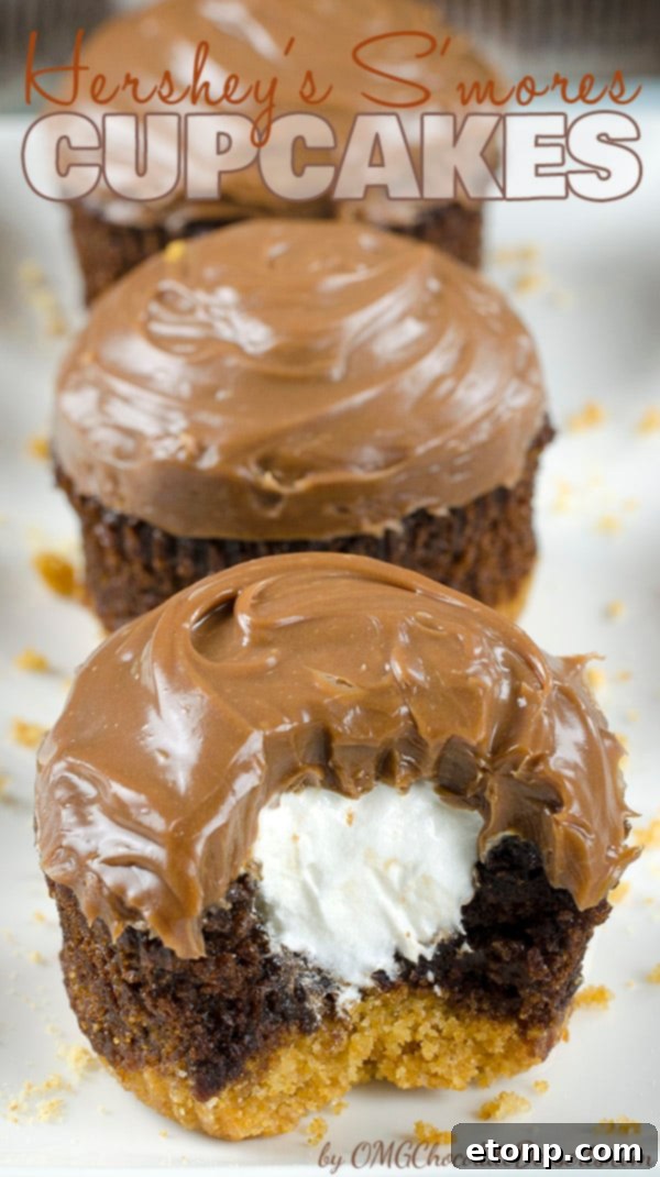 Mouth-watering Hershey's S'mores cupcakes topped with toasted marshmallow meringue and chocolate drizzle.