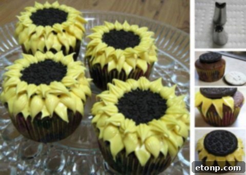 Vibrant sunflower cupcakes with yellow frosting petals and a chocolate cookie center, bringing a touch of nature to your table.