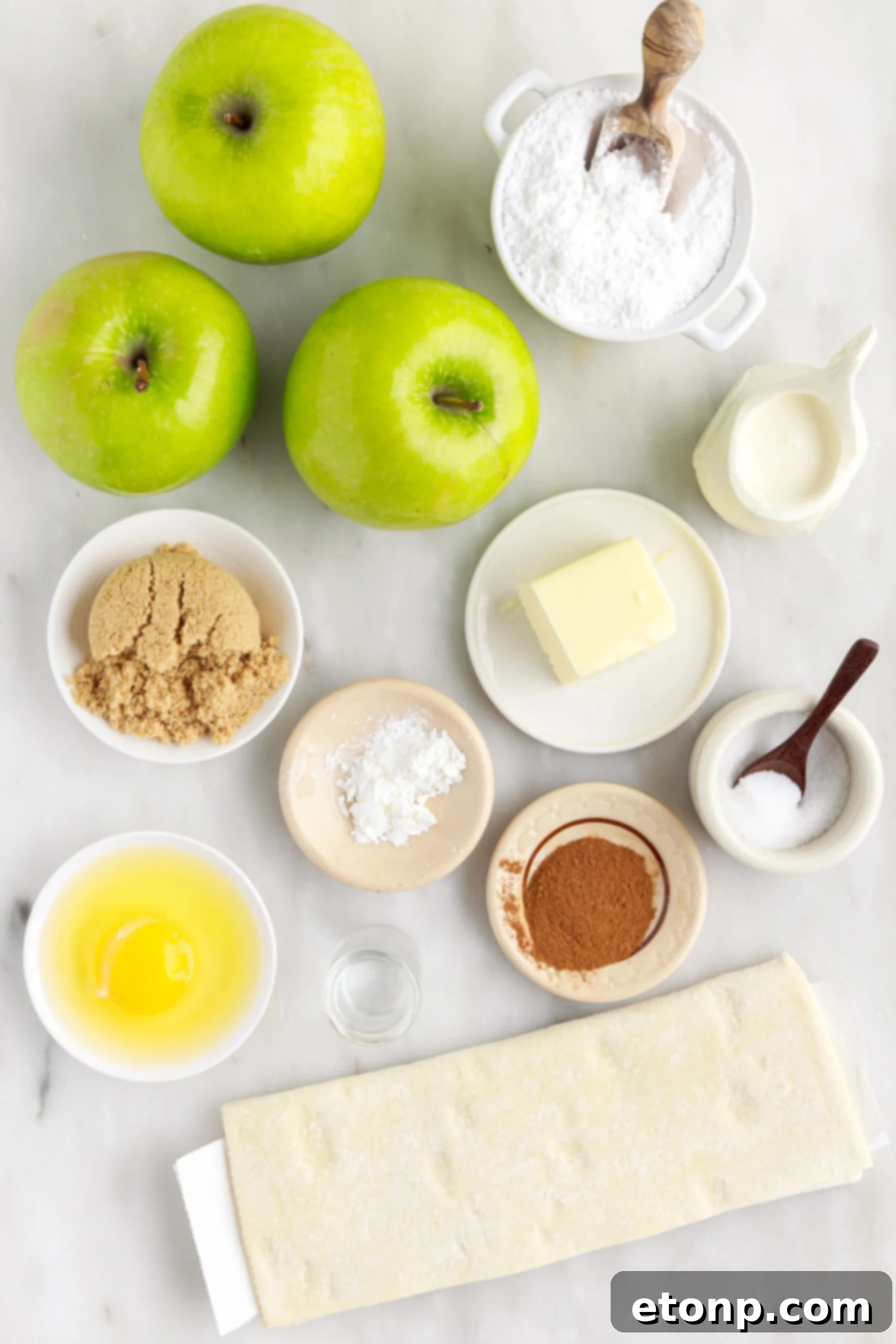 A collage of images illustrating the step-by-step process of preparing the apple hand pie filling and assembling the pastries.