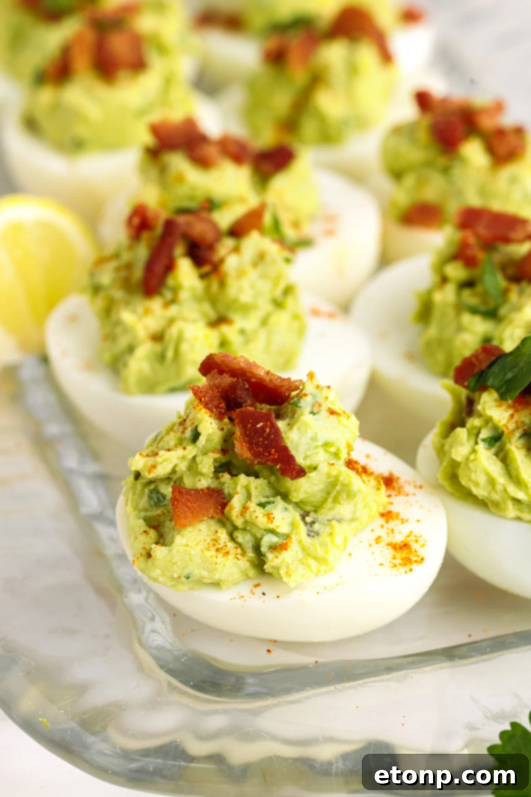 Side view of Avocado Deviled Eggs topped with chopped bacon. 