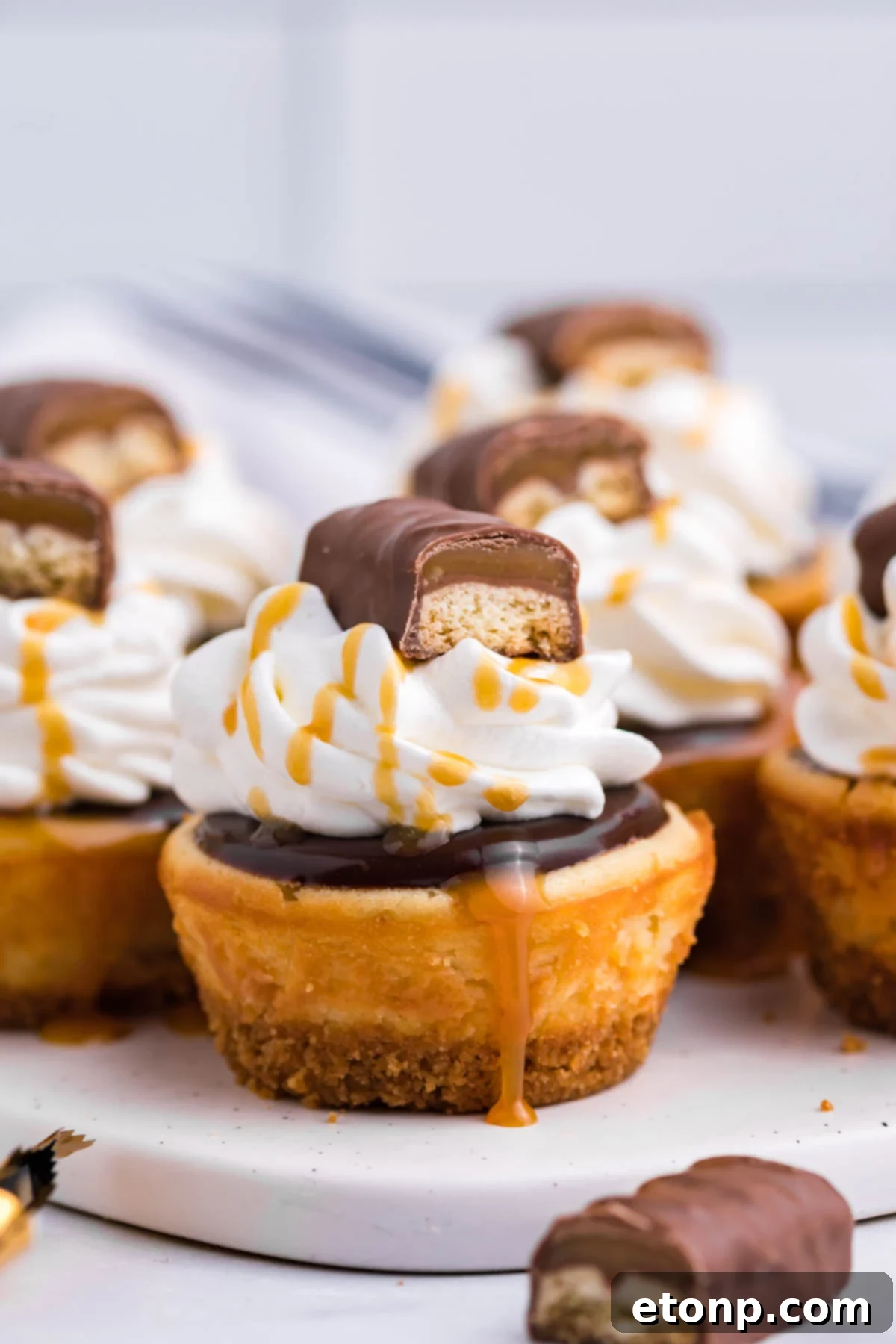 Decadent Mini Twix Cheesecakes 2 Side view of a Mini Twix Cheesecake topped with whipped cream, caramel drizzle, and Twix candy.