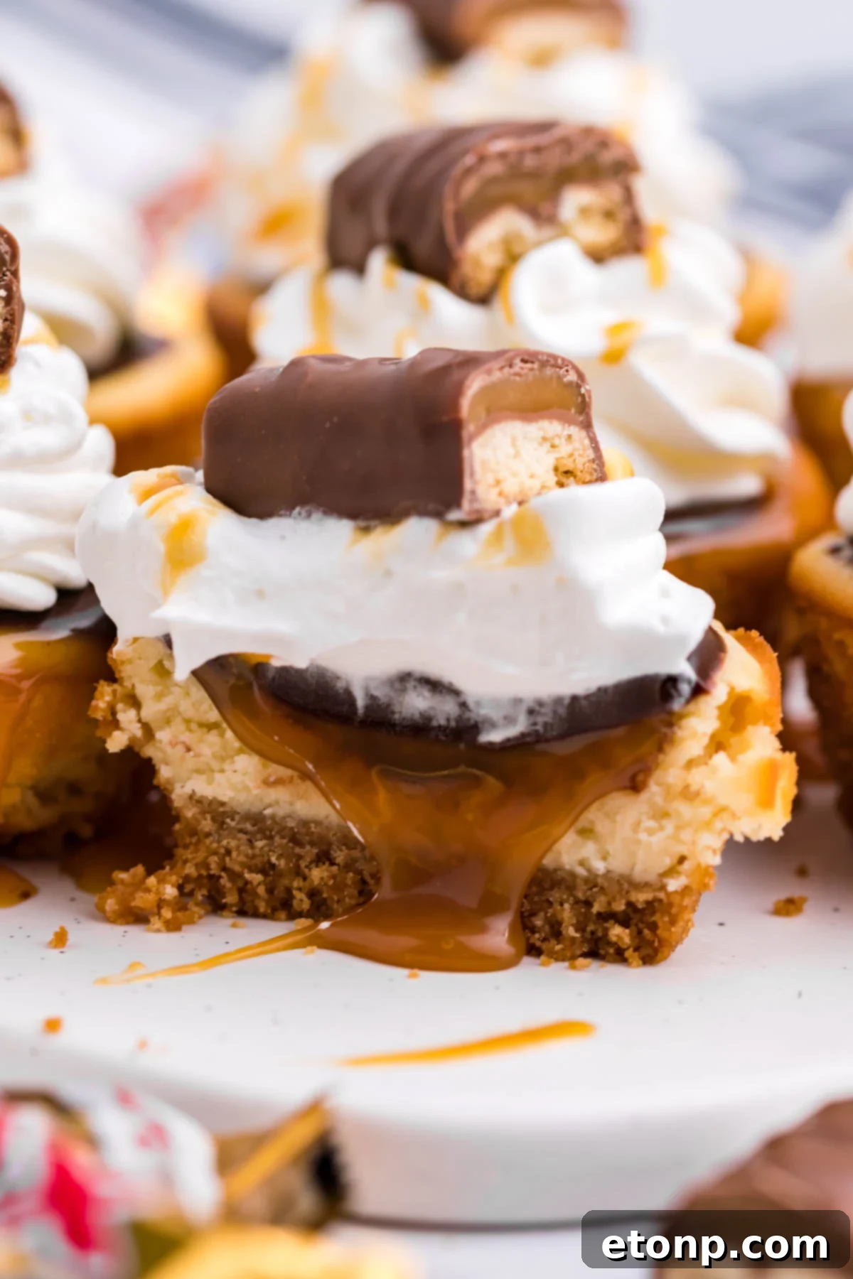 Decadent Mini Twix Cheesecakes 4 A mini cheesecake cut in half showing the caramel filling.