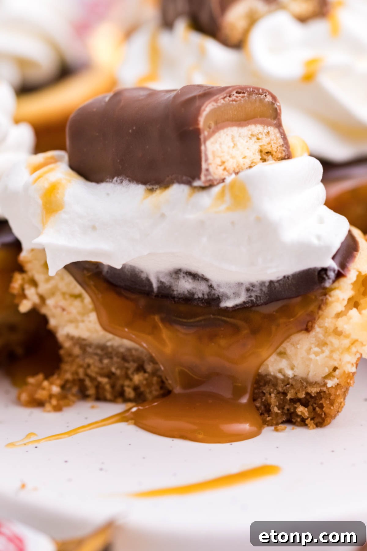 Decadent Mini Twix Cheesecakes 10 A mini cheesecake cut in half showing the caramel filling.