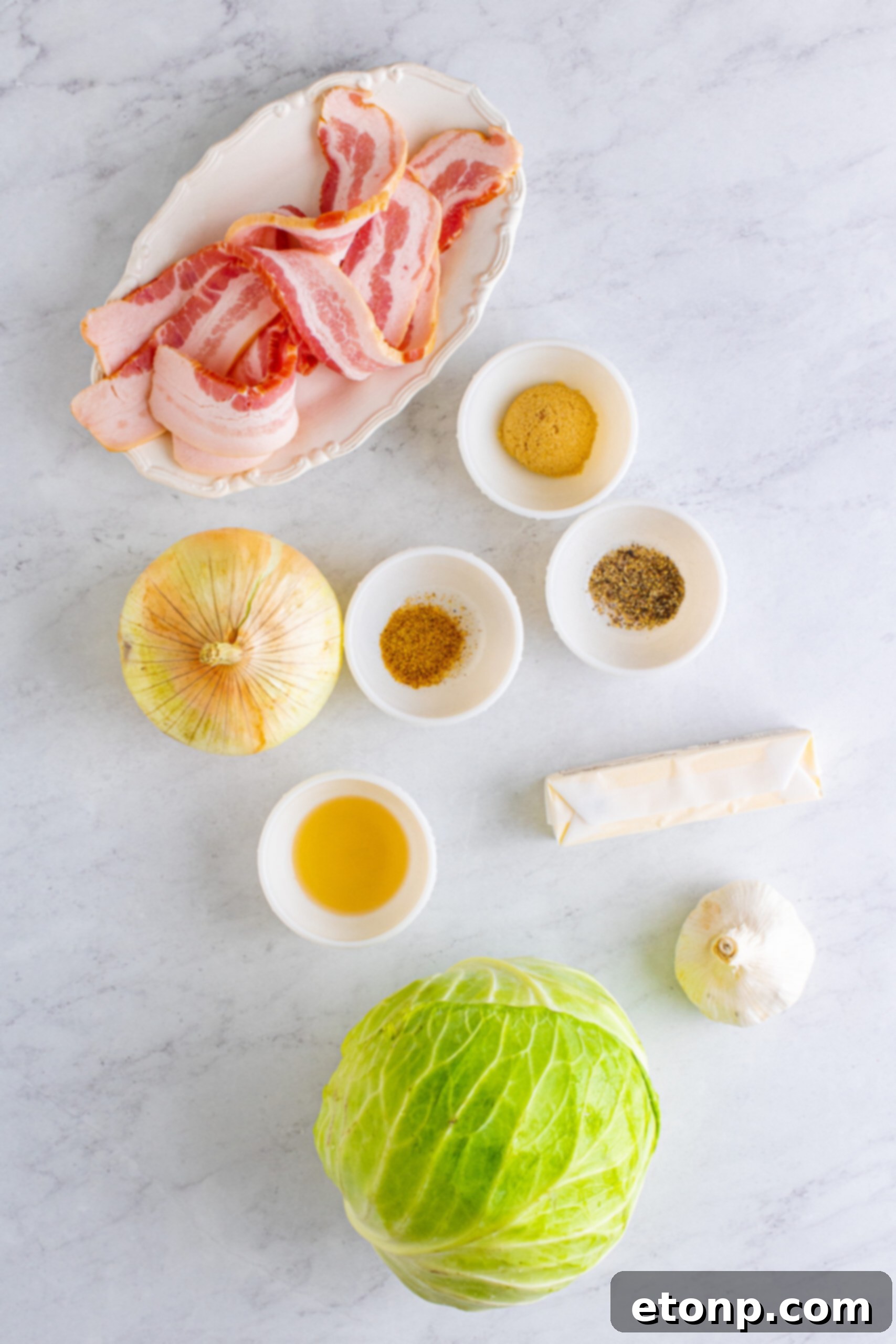 Close up shot of the ingredients for Bacon Fried Cabbage