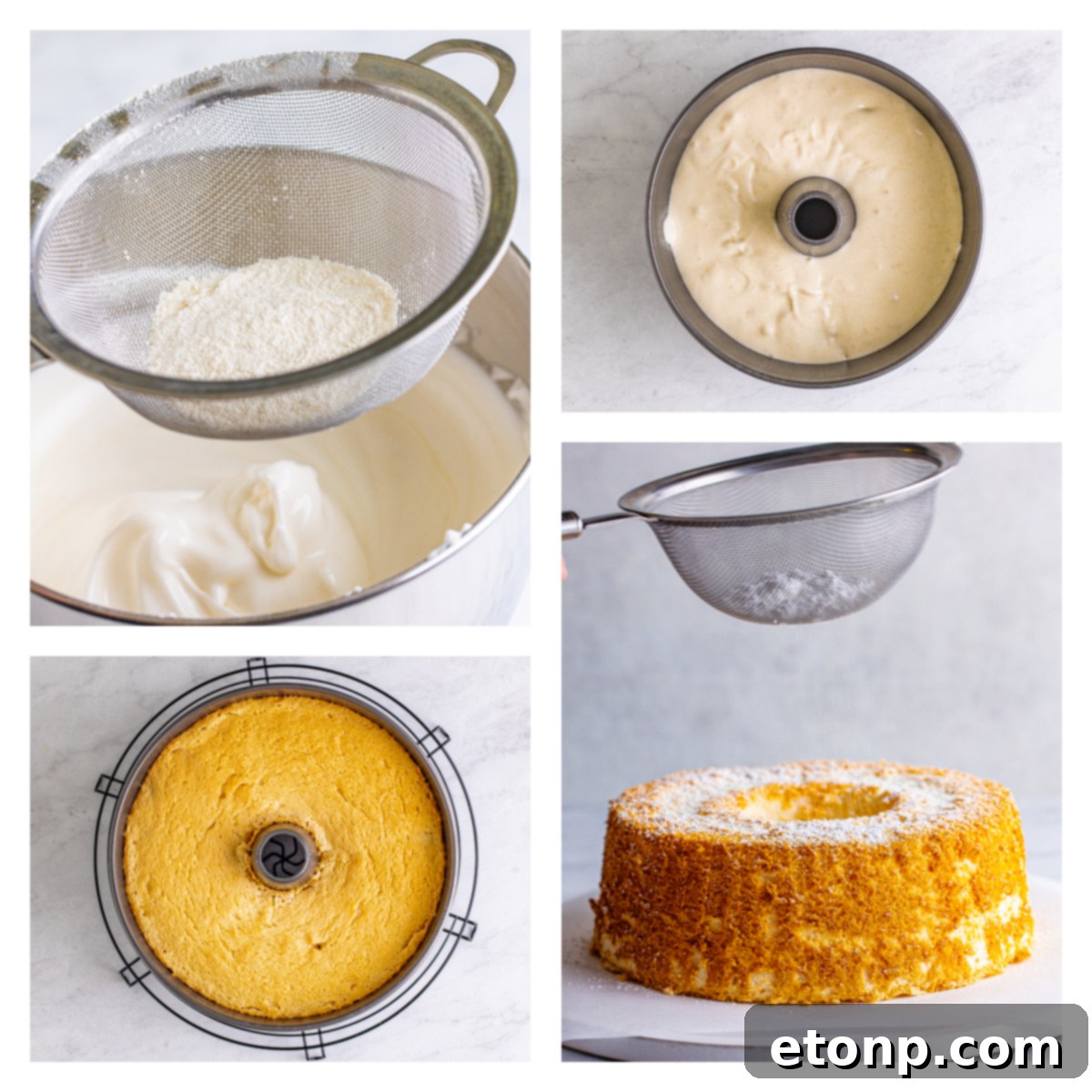 collage of 4 photos showing how to make the angel food cake
