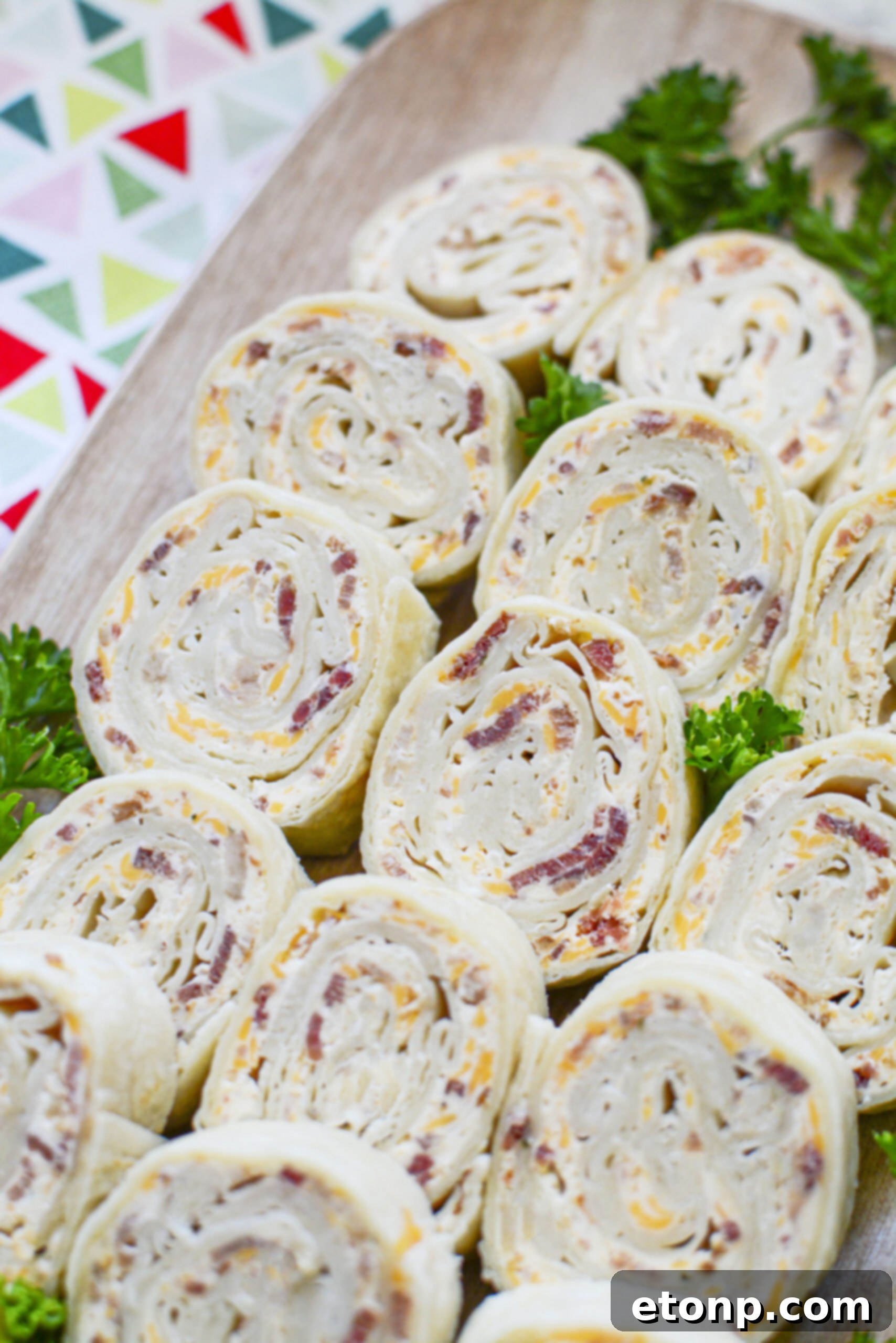 Overhead shot of turkey pinwheels, showcasing their appealing spiral design.