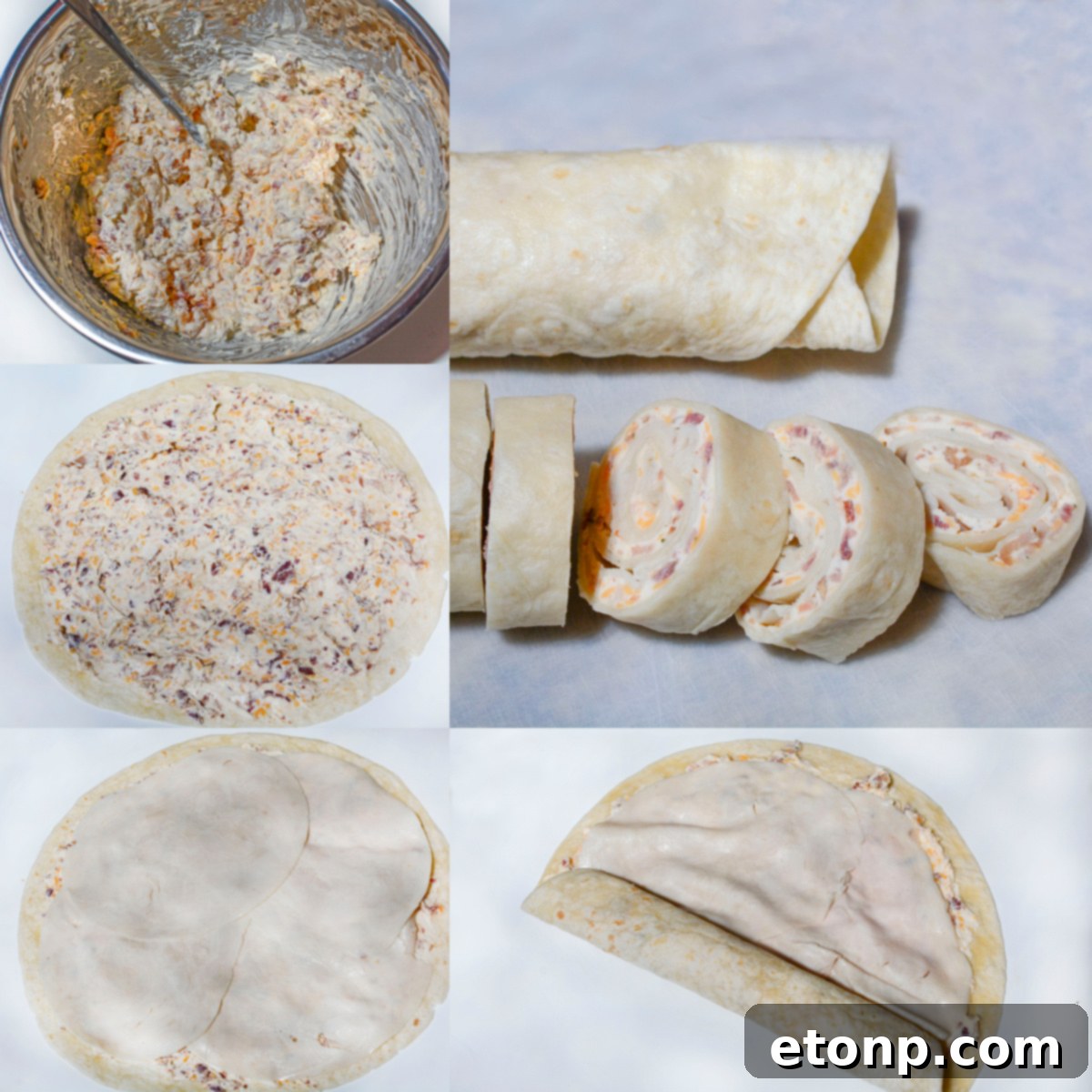 A collage demonstrating the step-by-step assembly of turkey pinwheels, from spreading to rolling and slicing.