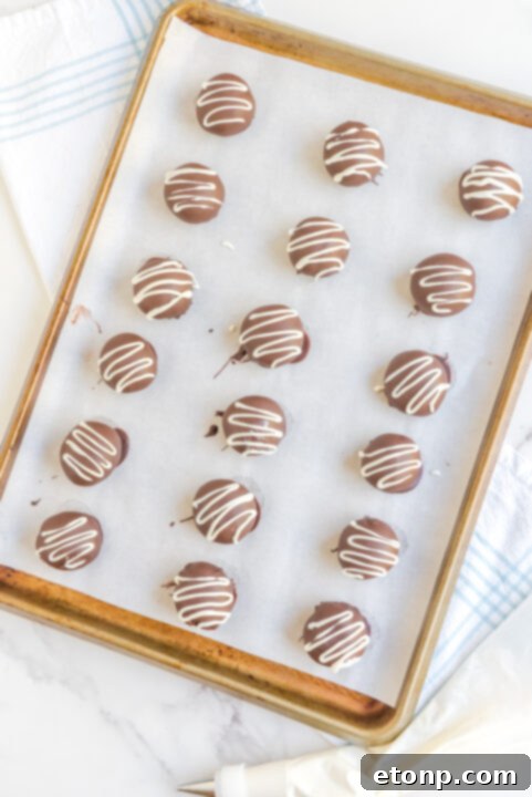 Decadent Brownie Truffles 14 A close-up view of multiple Brownie Truffles, each delicately adorned with a white chocolate drizzle, showcasing their elegant presentation.