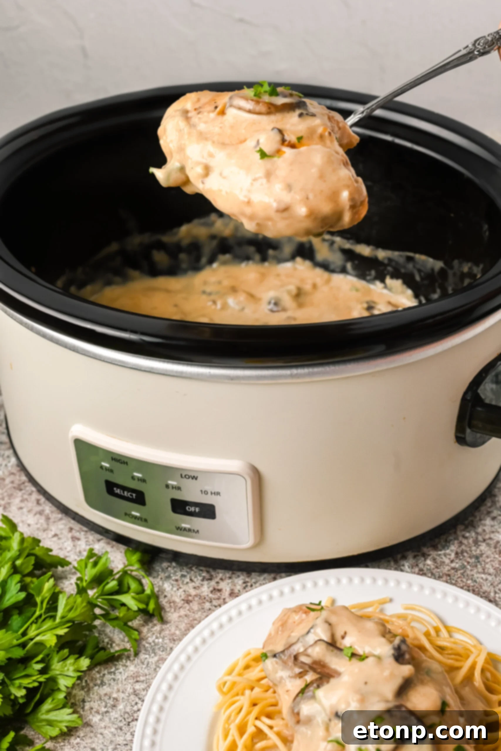 Image of the marsala chicken being removed from the slow cooker and plated on top of spaghetti noodles. 