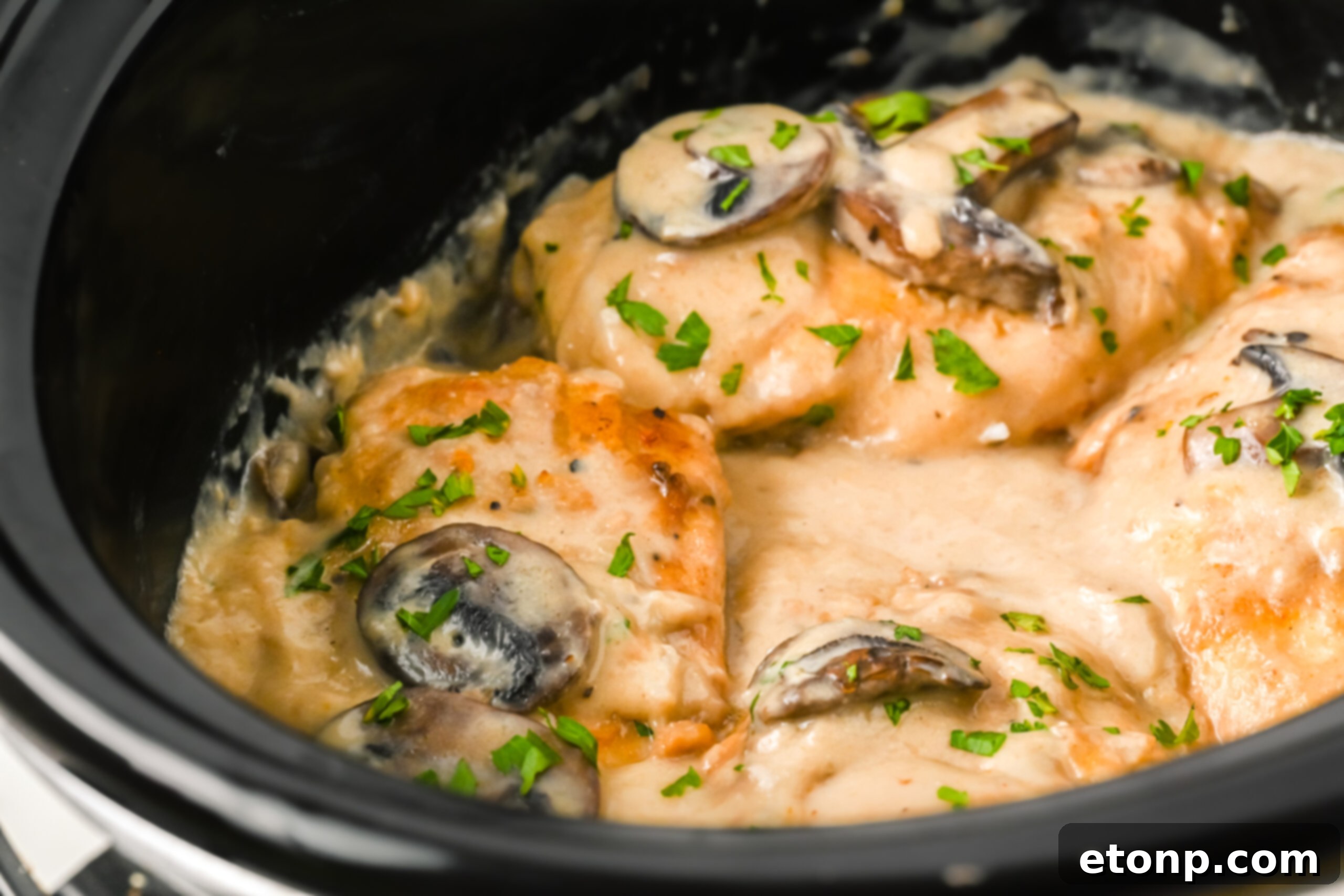 slow cooker chicken marsala in a crock pot topped with mushrooms