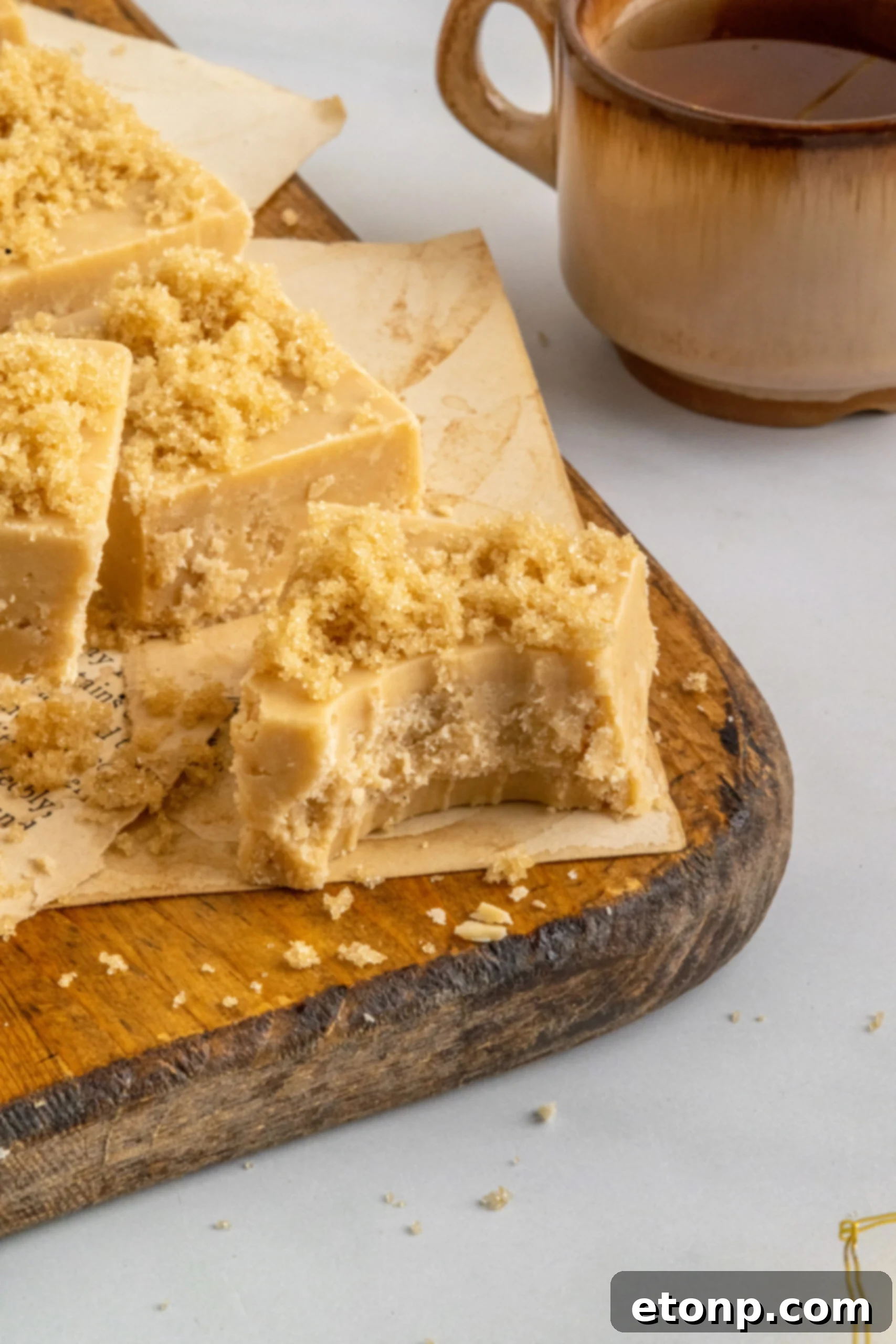 Golden Caramel Fudge 5 Penuche Fudge with a bite taken out on a wooden board.