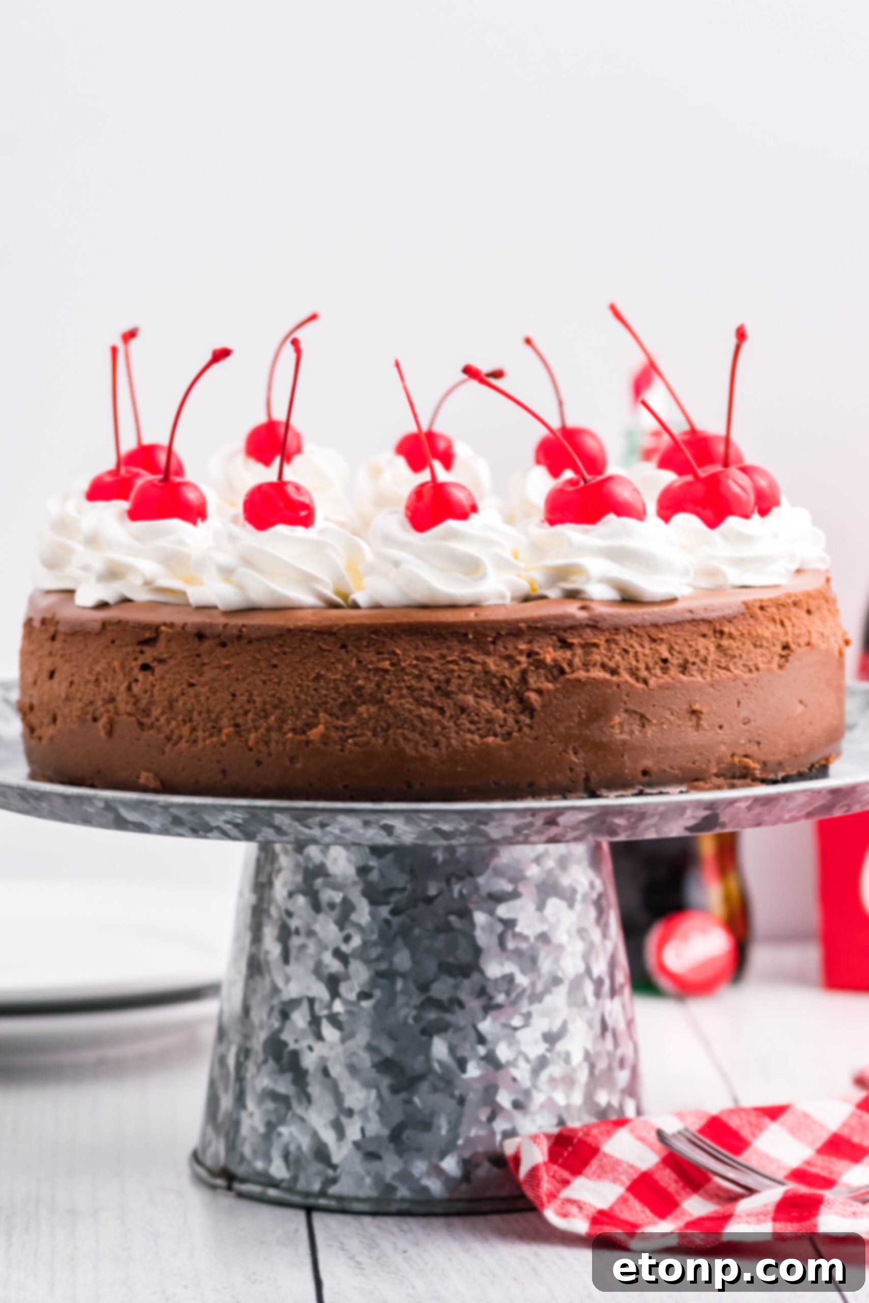 Decadent Coca-Cola Cheesecake 3 Side view of Coca Cola Cheesecake on a galvanized cake pan.