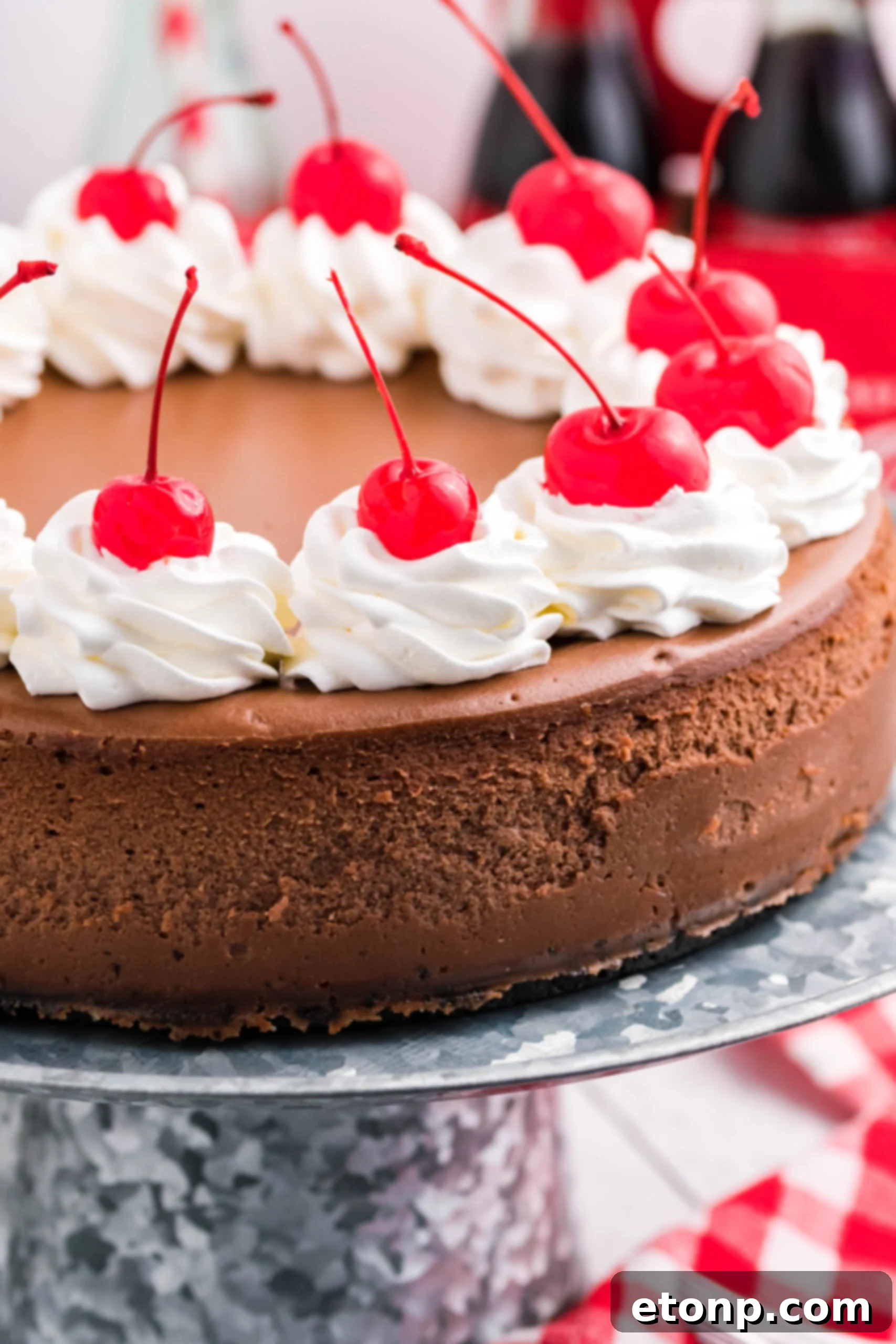 Decadent Coca-Cola Cheesecake 5 Up close side view of Coca Cola Cheesecake on a galvanized cake pan.