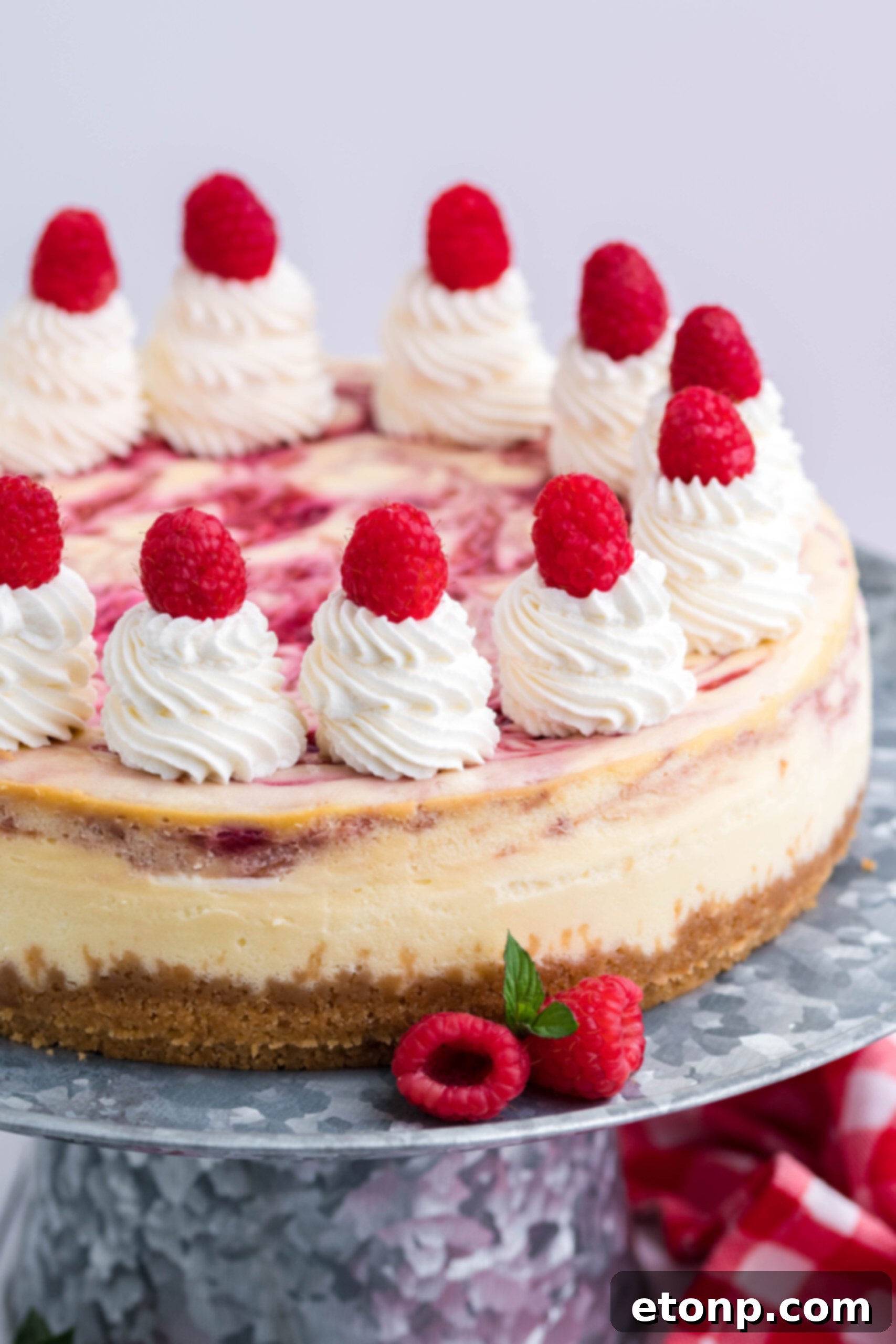 Close up side view of Raspberry Swirl Cheesecake on a galvanized cake stand.