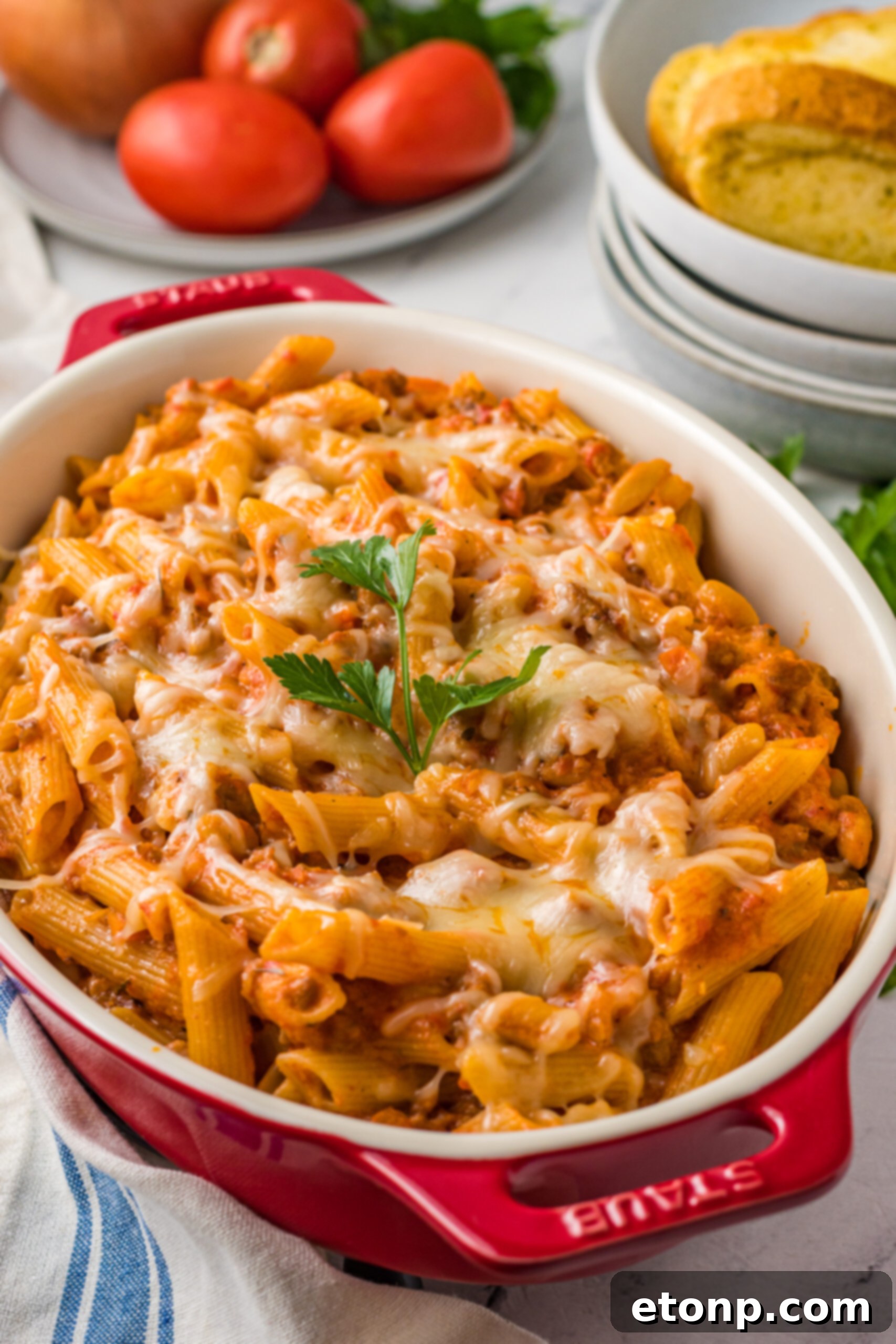 A wooden spoon scoops a generous serving of hot Pasta Fagioli al Forno from a baking dish.
