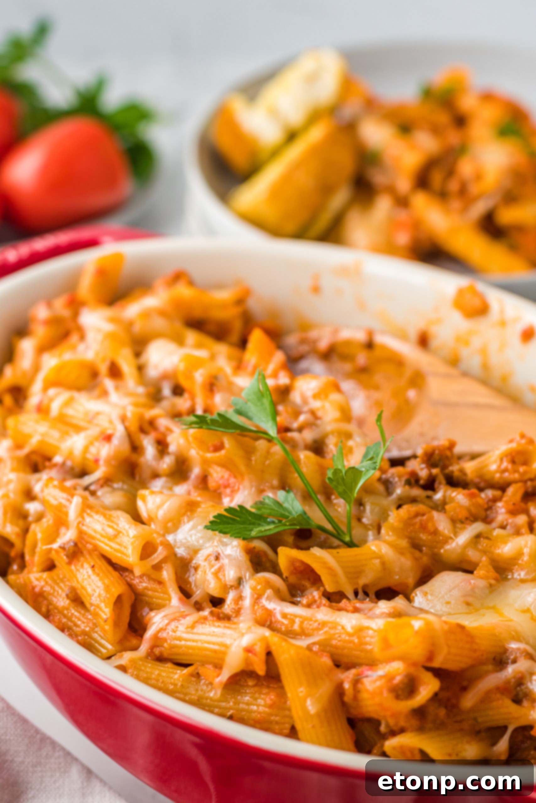 A golden-brown Pasta Fagioli al Forno sits enticingly in a baking dish, ready to be served.
