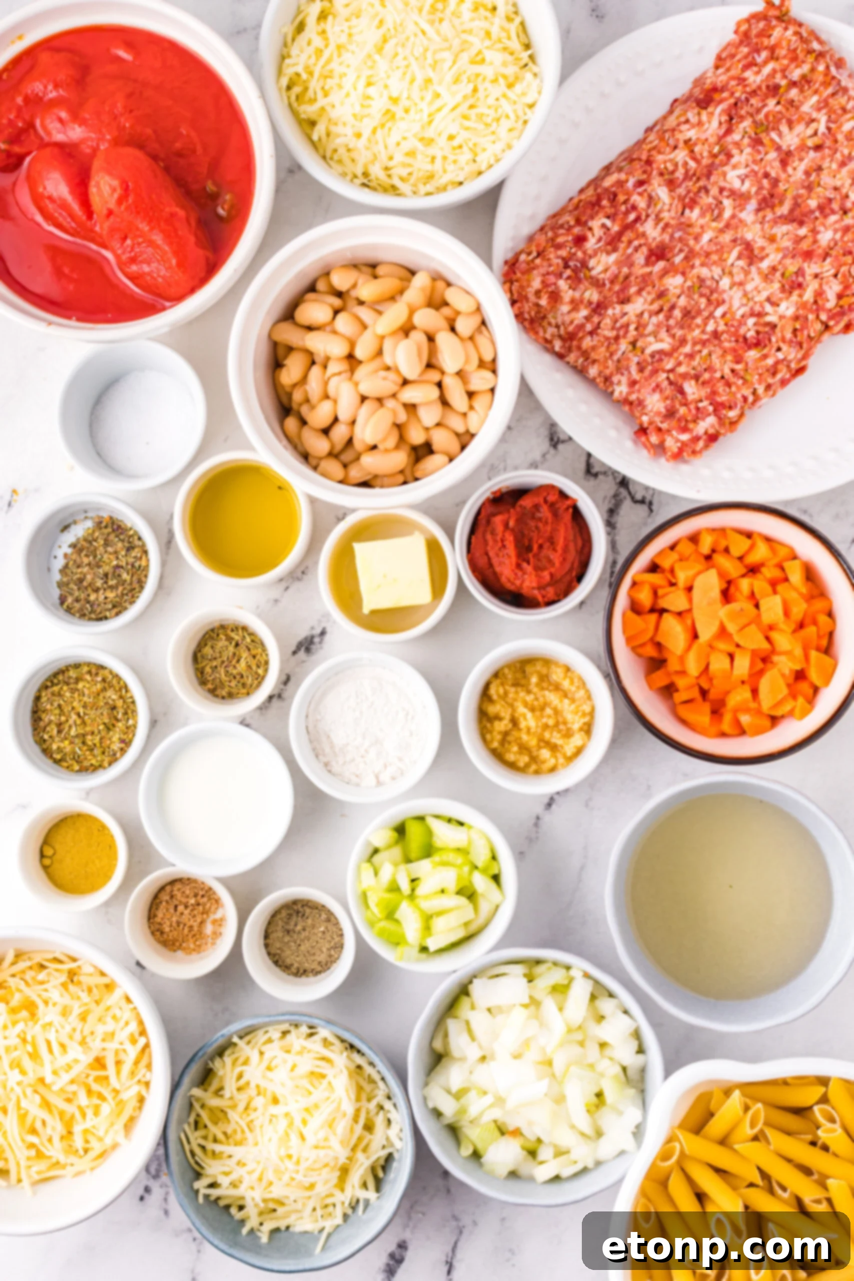An overhead shot showcasing an organized array of fresh ingredients for Pasta Fagioli al Forno.