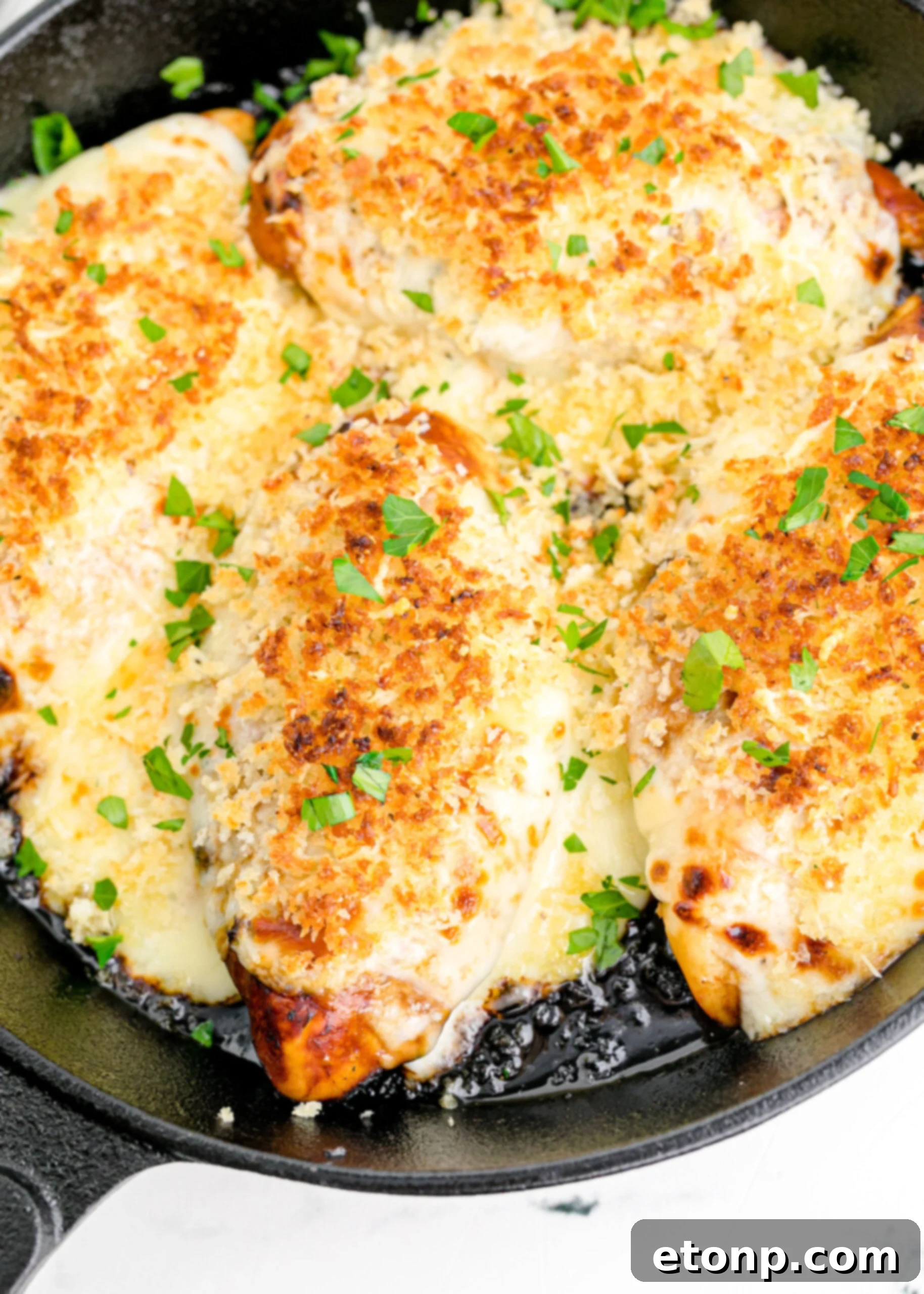 Crispy Parmesan Chicken 14 Close up view of the golden, crispy Parmesan Crusted Chicken (Longhorn Copycat) in a cast iron skillet, fresh from the oven.