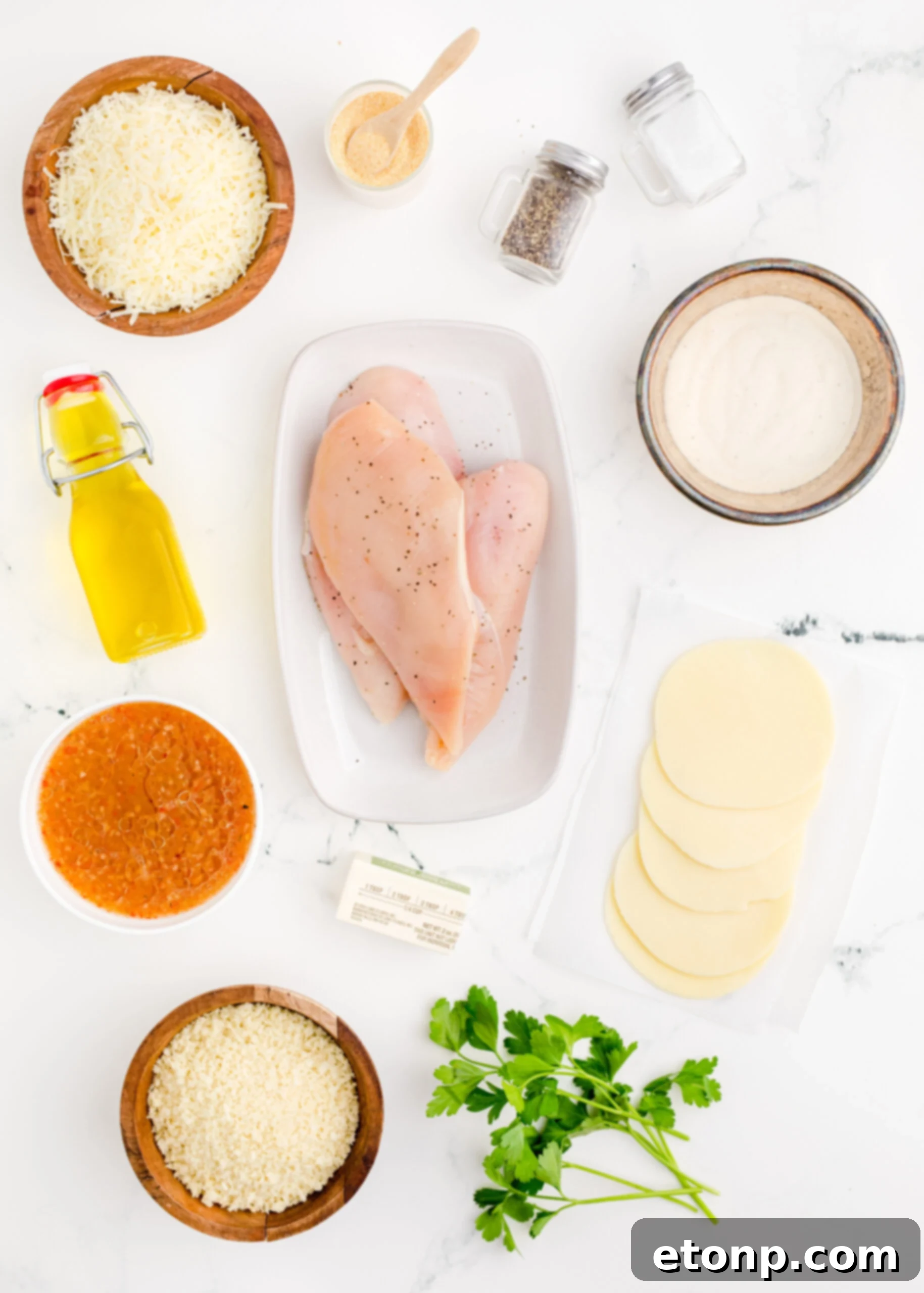 Crispy Parmesan Chicken 7 Overhead view of all the fresh ingredients perfectly laid out and needed to make this delicious Longhorn Copycat Parmesan Crusted Chicken recipe.