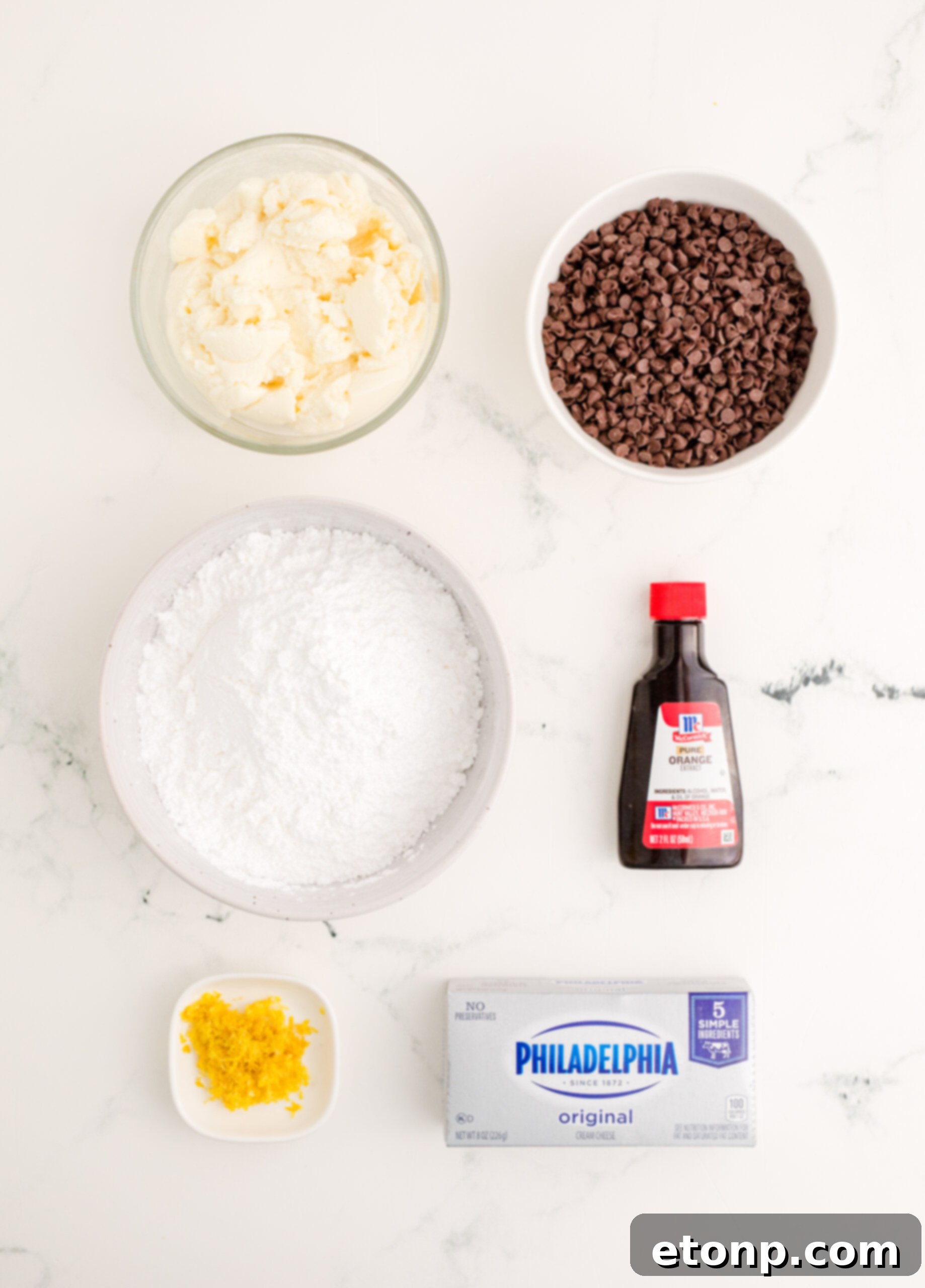 An overhead view showcasing all the fresh, high-quality ingredients neatly laid out for the Cannoli Dip recipe preparation.