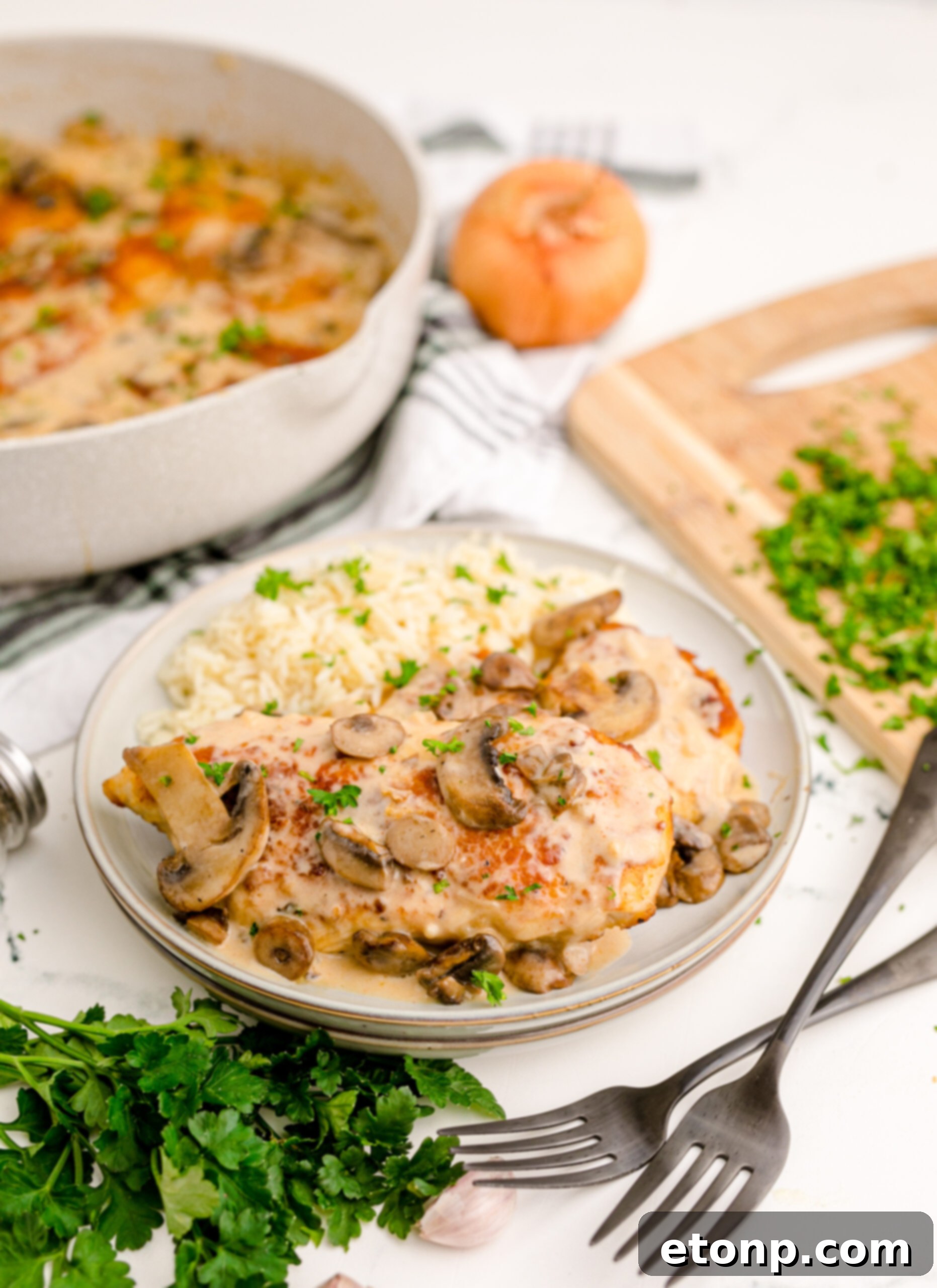 View of Chicken Marsala on a white dish served with white rice.