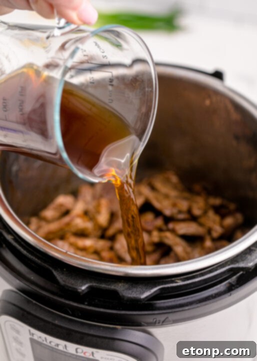 Detailed view of the perfectly cooked beef, showing its texture and how it's infused with the sauce.