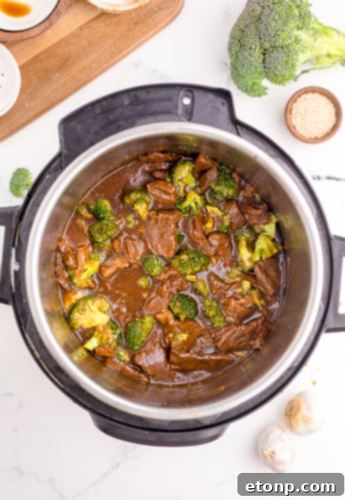 Another perspective of the Instant Pot Beef and Broccoli, emphasizing the balanced distribution of ingredients.
