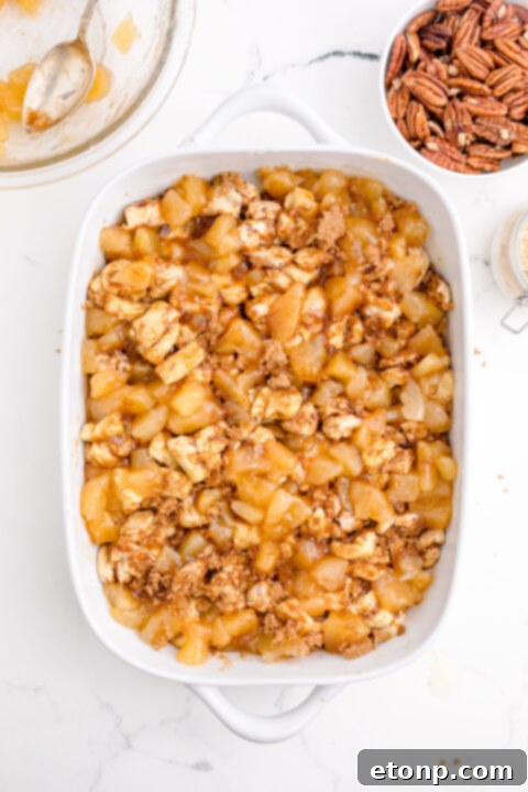 Apple pie filling and pecans spread over the cinnamon roll base in the casserole dish.