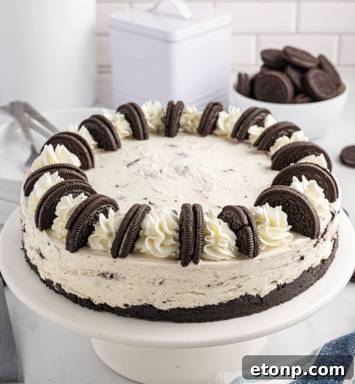 No-Bake Oreo Cheesecake Magic 15 A magnificent No Bake Oreo Cheesecake presented on a pristine white cake stand, unsliced and ready to be admired.