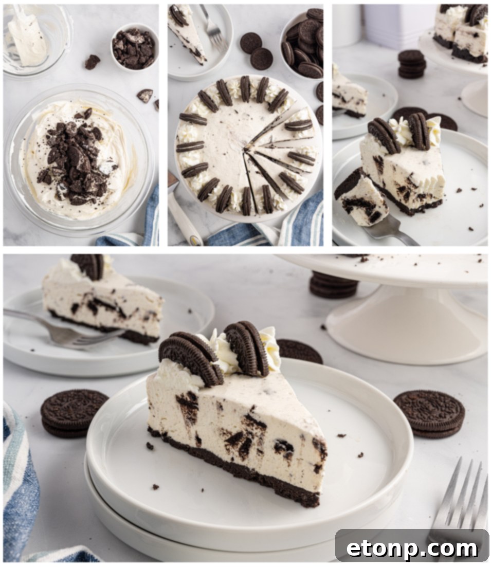 No-Bake Oreo Cheesecake Magic 16 A dynamic collage of the No Bake Oreo Cheesecake, showcasing it from various angles and close-ups, highlighting its irresistible appeal.