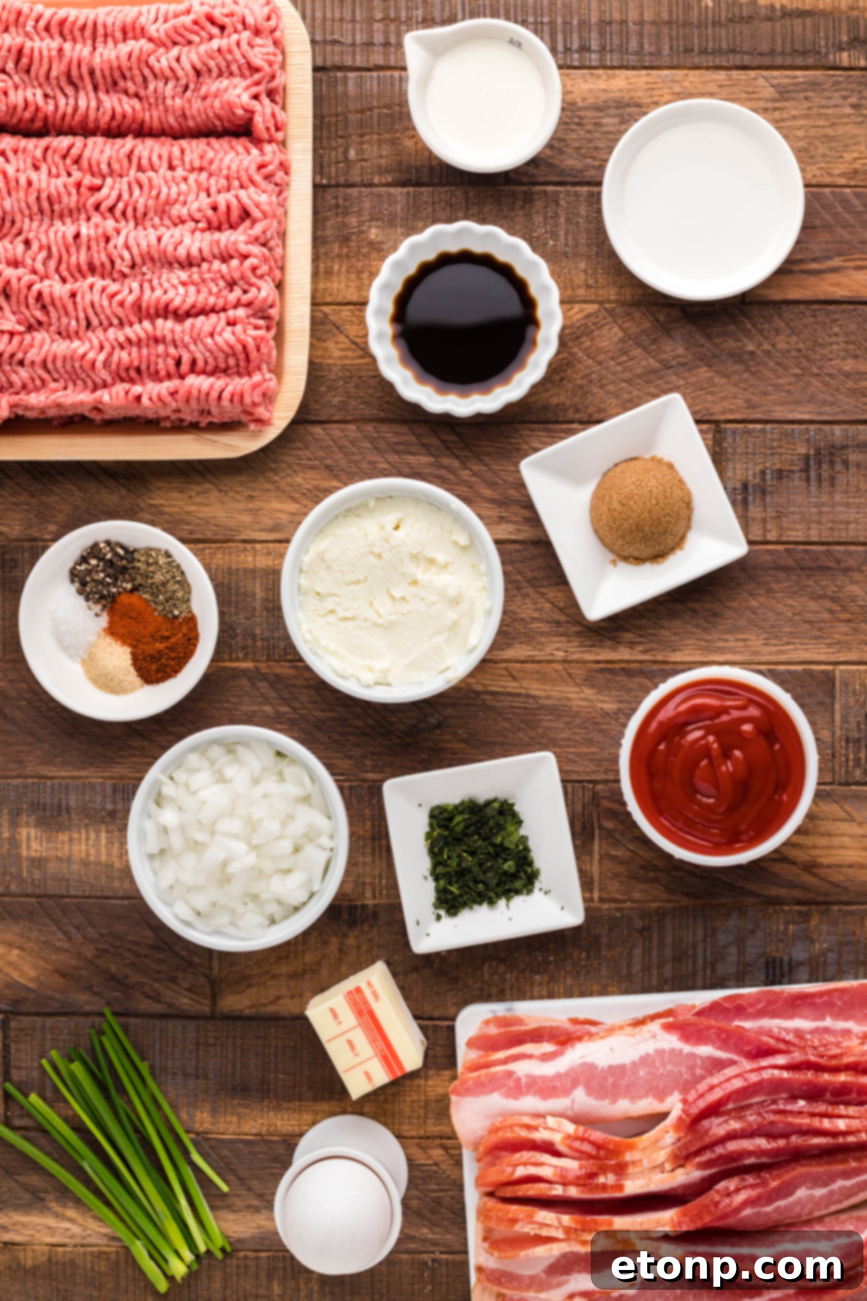Bacon-Cloaked Meatloaf 7 Overhead view of the ingredients needed to complete this recipe.
